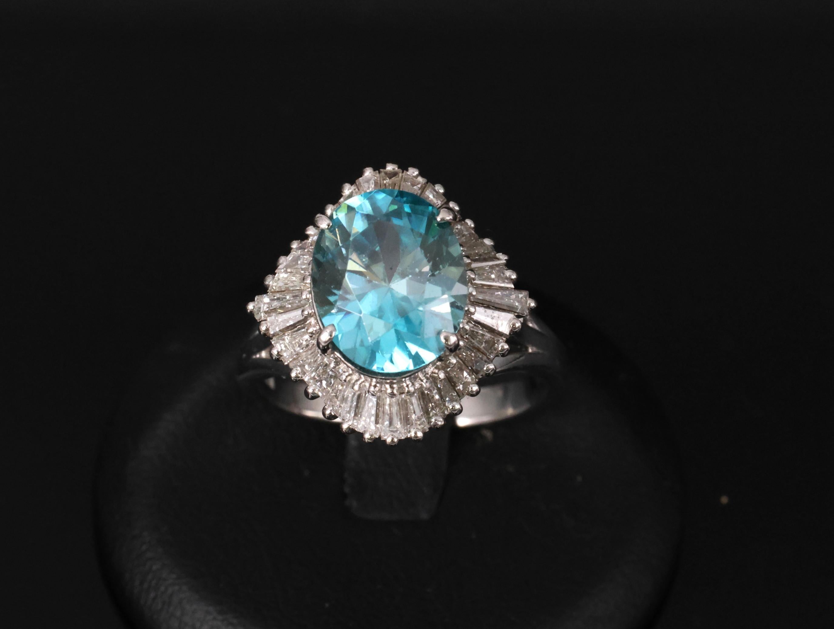 Fine 6.11ct Natural Neon Blue Zircon & 1.50ct Diamond Platinum Ring Size 9.25