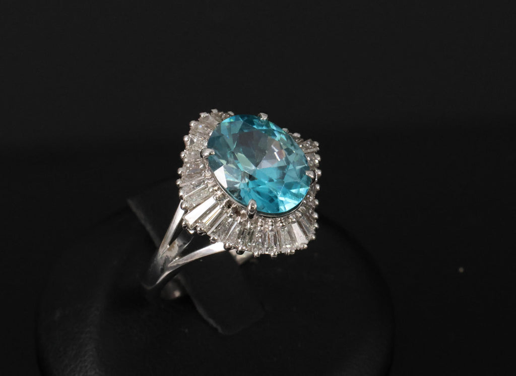 Fine 6.11ct Natural Neon Blue Zircon & 1.50ct Diamond Platinum Ring Size 9.25