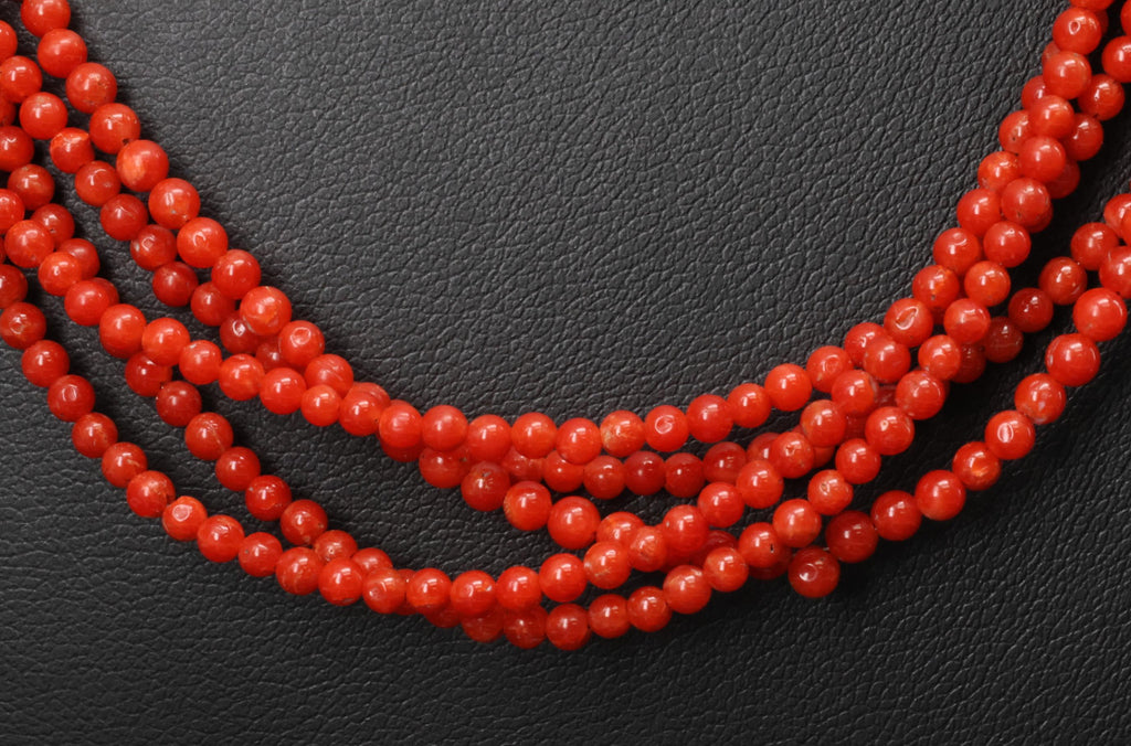 Natural Untreated Ox Blood Coral 2.5-2.9mm 5 layer 18K Yellow Gold 19" Necklace