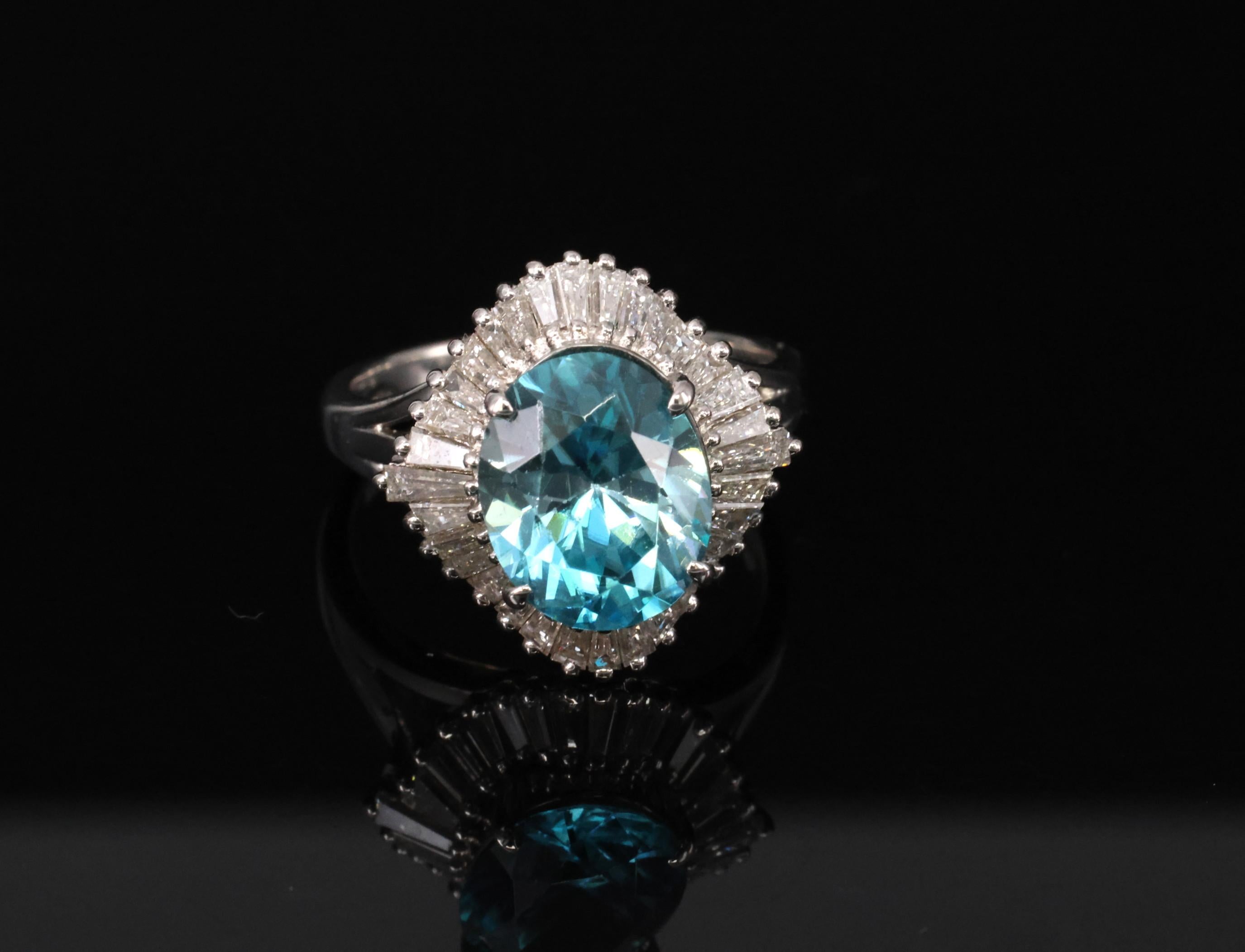 Fine 6.11ct Natural Neon Blue Zircon & 1.50ct Diamond Platinum Ring Size 9.25