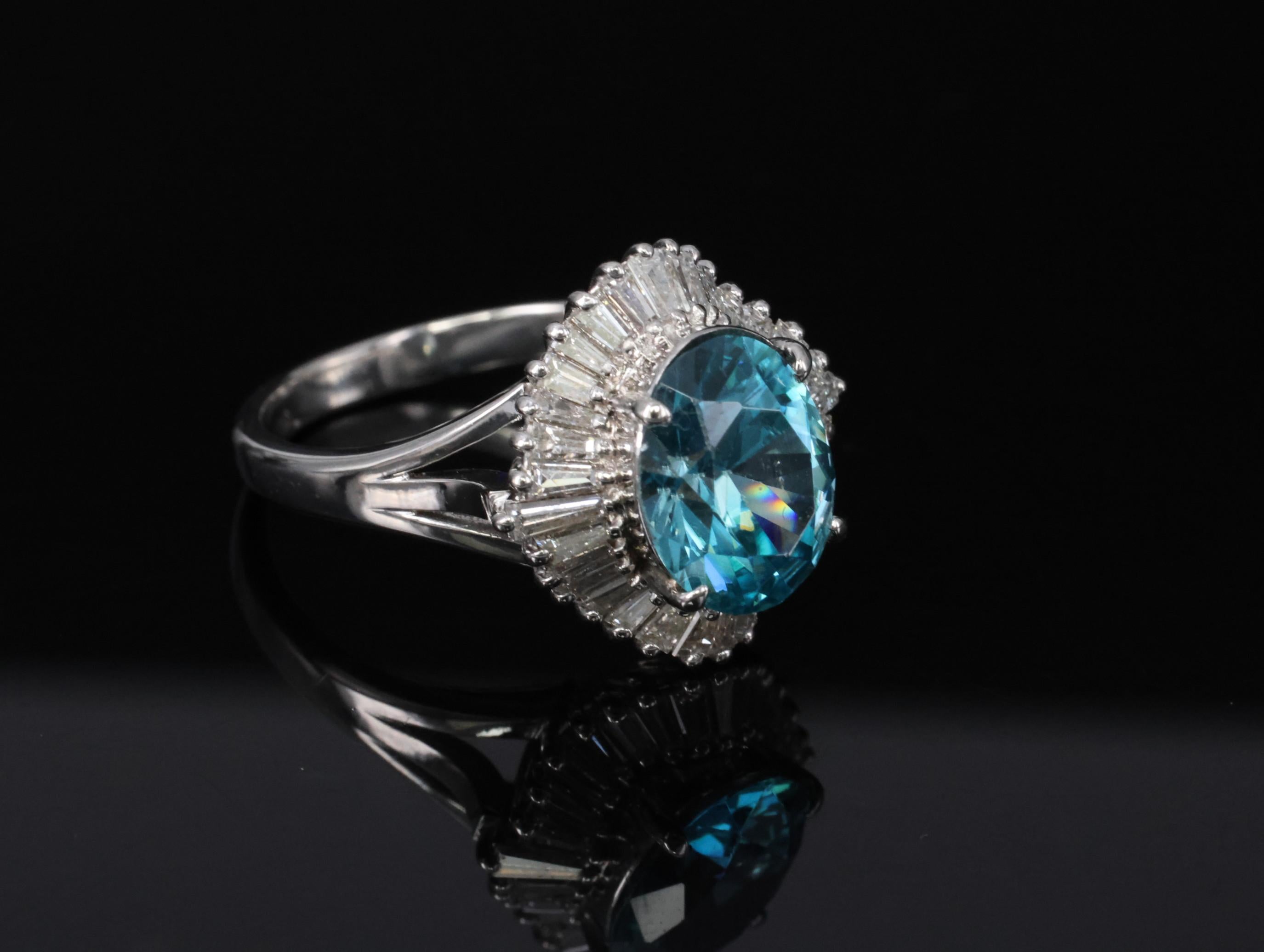 Fine 6.11ct Natural Neon Blue Zircon & 1.50ct Diamond Platinum Ring Size 9.25