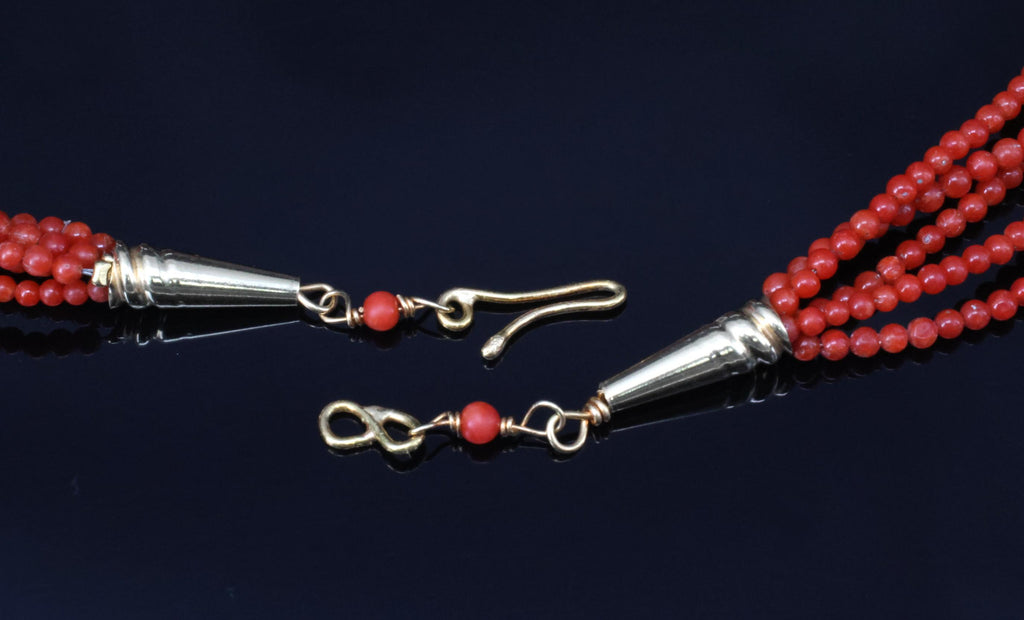 Natural Untreated Ox Blood Coral 2.5-2.9mm 5 layer 18K Yellow Gold 19" Necklace