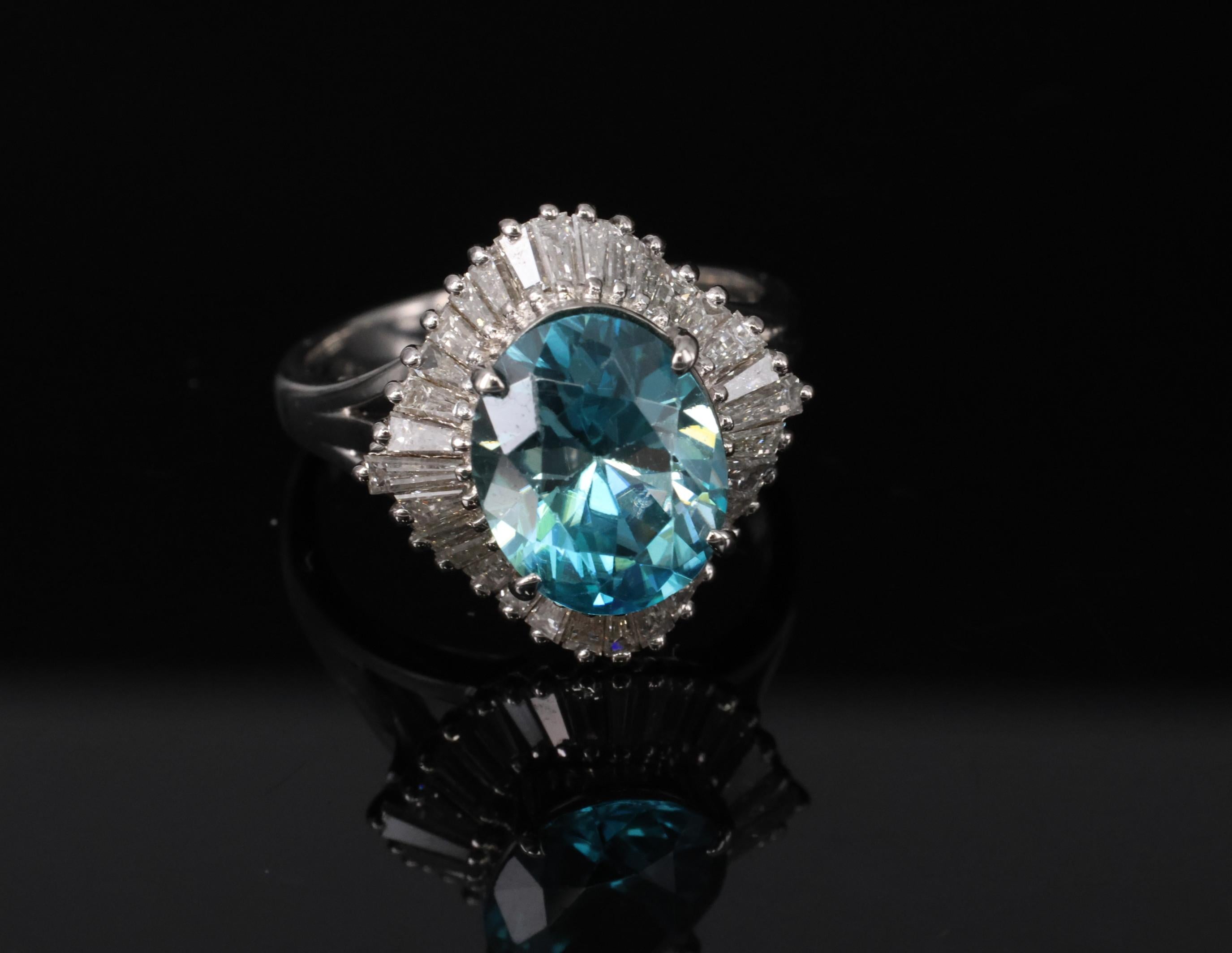 Fine 6.11ct Natural Neon Blue Zircon & 1.50ct Diamond Platinum Ring Size 9.25