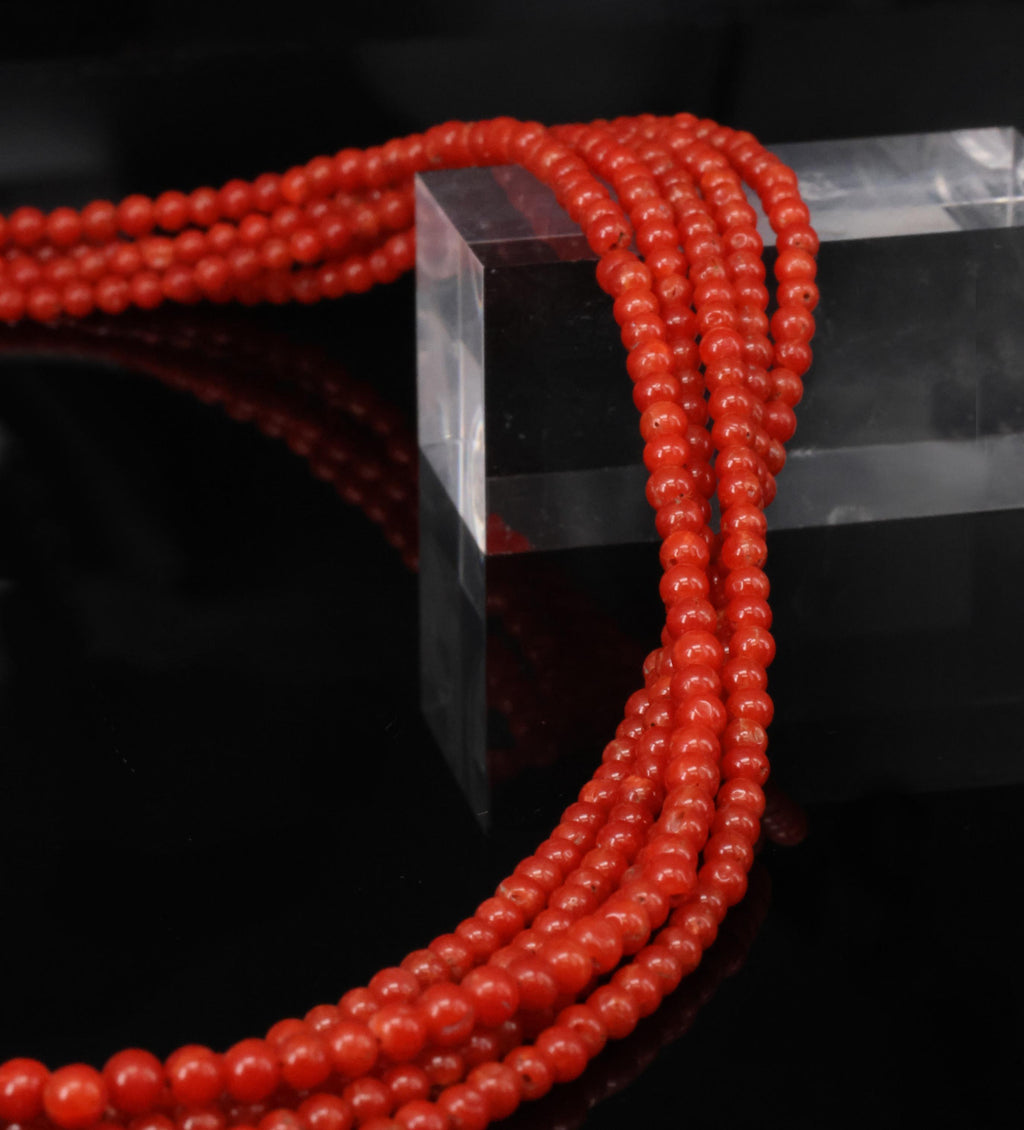 Natural Untreated Ox Blood Coral 2.5-2.9mm 5 layer 18K Yellow Gold 19" Necklace