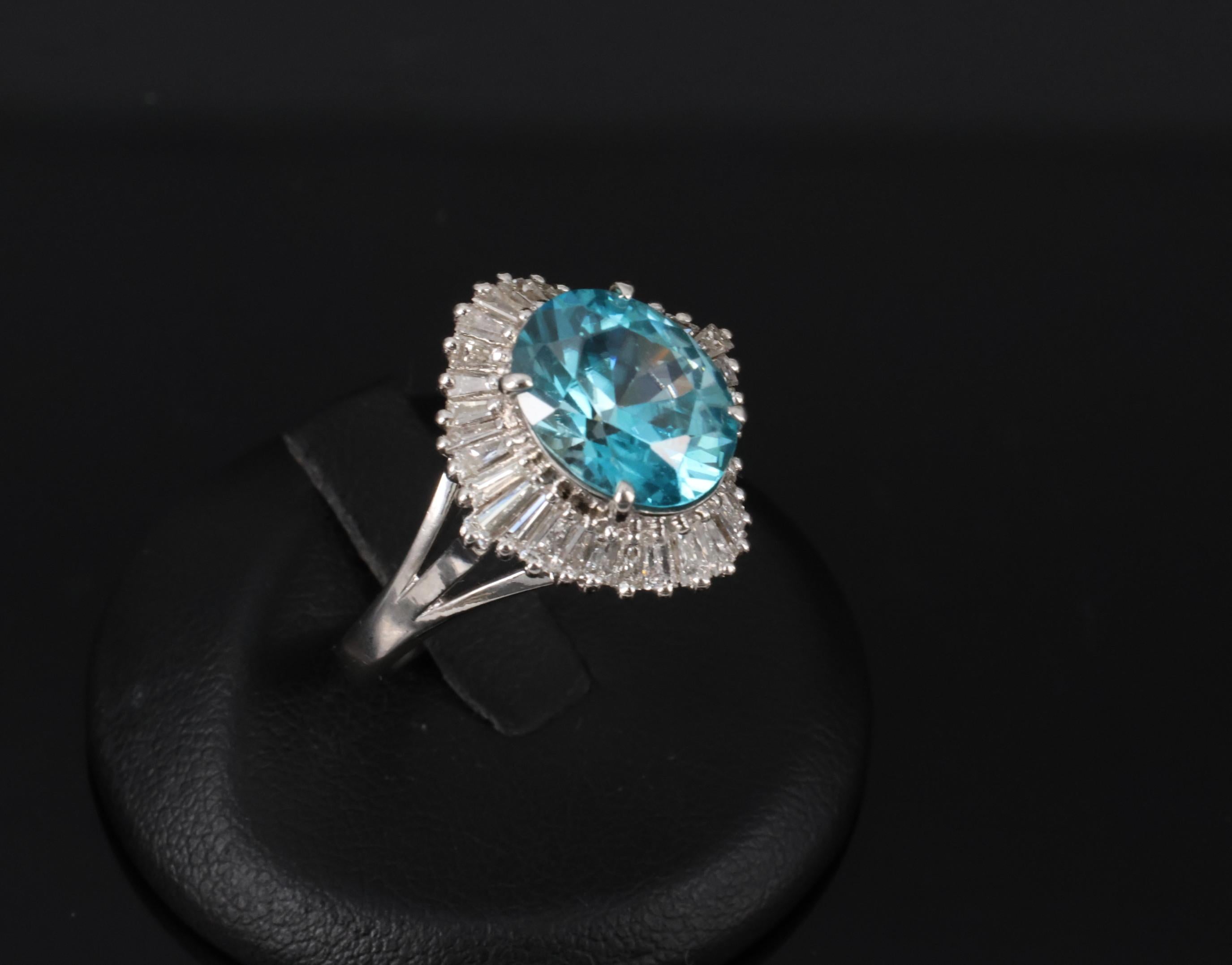Fine 6.11ct Natural Neon Blue Zircon & 1.50ct Diamond Platinum Ring Size 9.25
