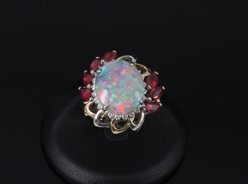 4.08ct Black Opal 2.08ct Ruby 0.46ct Diamond Platinum & 18K Gold Ring Size 6.75