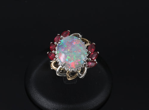 4.08ct Black Opal 2.08ct Ruby 0.46ct Diamond Platinum & 18K Gold Ring Size 6.75