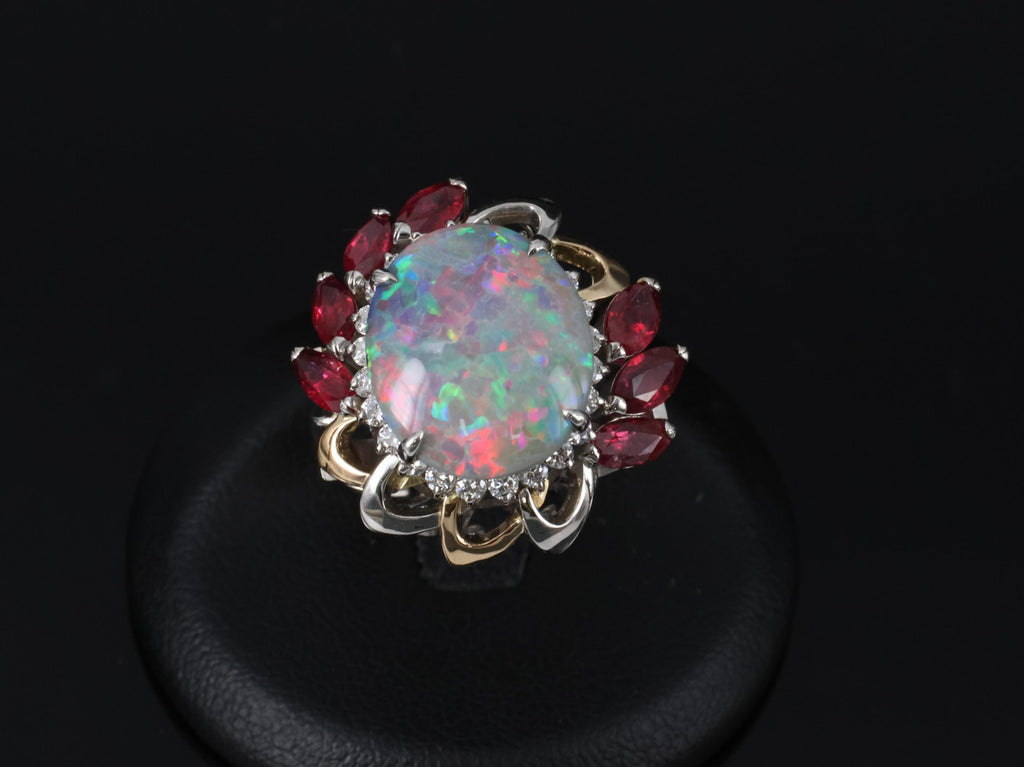 4.08ct Black Opal 2.08ct Ruby 0.46ct Diamond Platinum & 18K Gold Ring Size 6.75