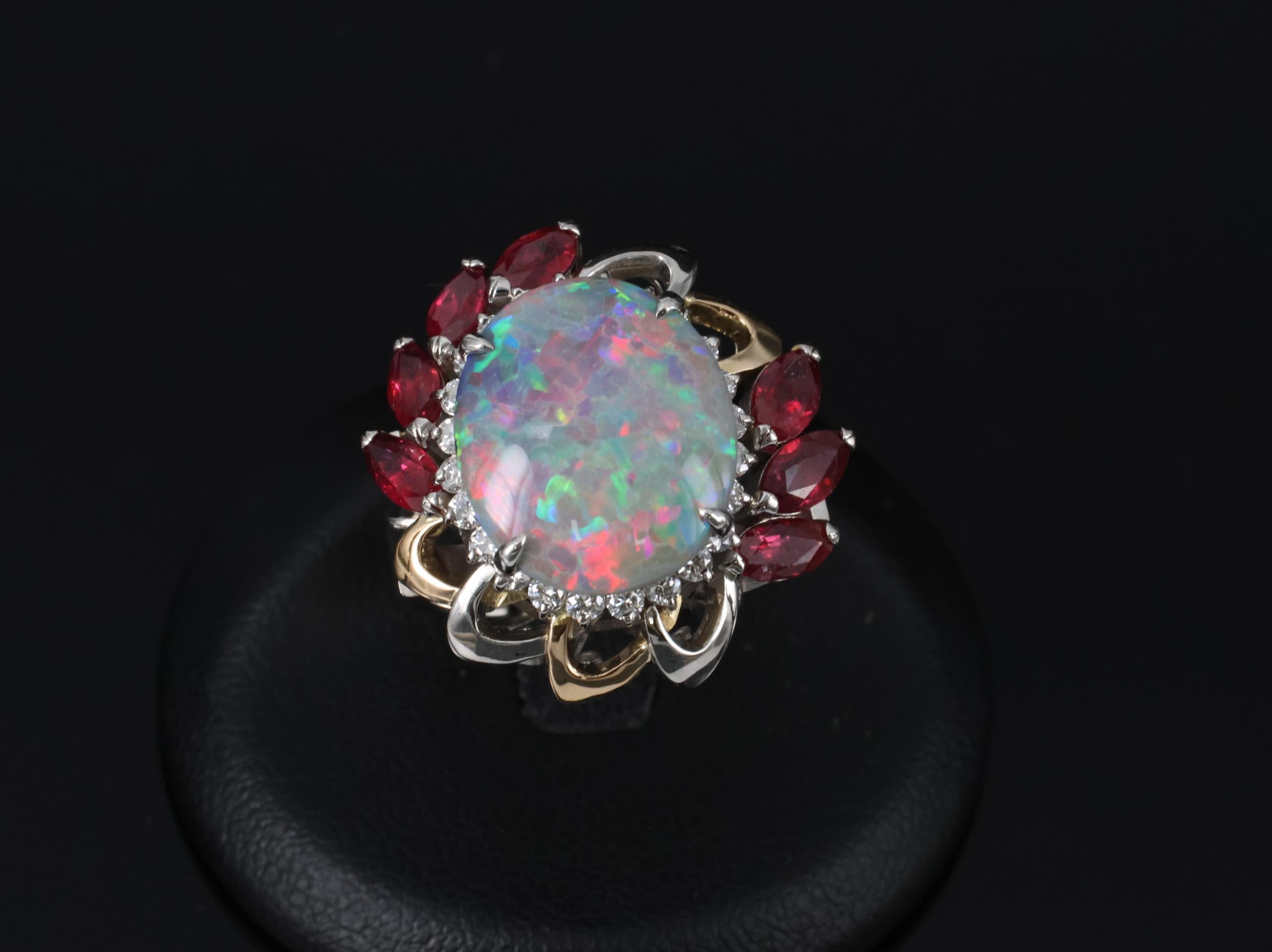 4.08ct Black Opal 2.08ct Ruby 0.46ct Diamond Platinum & 18K Gold Ring Size 6.75