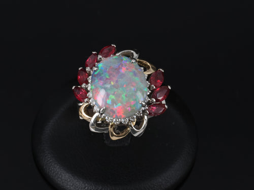 4.08ct Black Opal 2.08ct Ruby 0.46ct Diamond Platinum & 18K Gold Ring Size 6.75