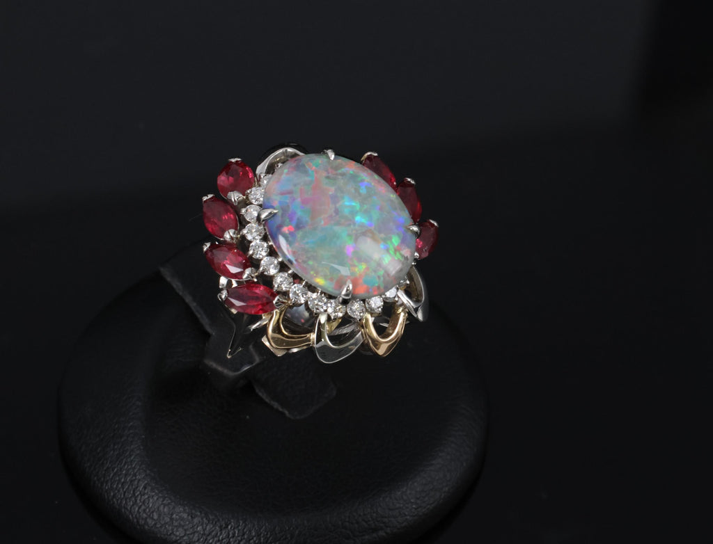 4.08ct Black Opal 2.08ct Ruby 0.46ct Diamond Platinum & 18K Gold Ring Size 6.75