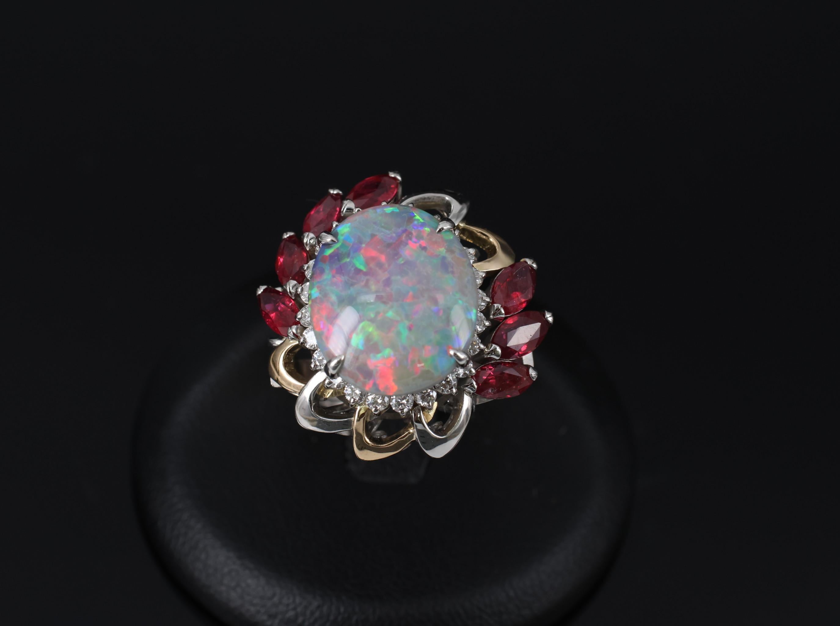4.08ct Black Opal 2.08ct Ruby 0.46ct Diamond Platinum & 18K Gold Ring Size 6.75