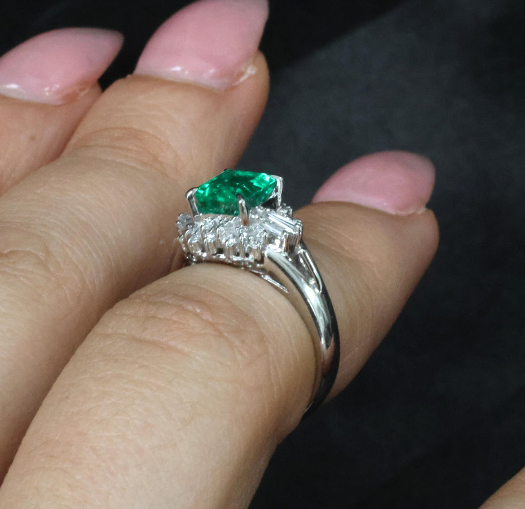 GEM! 1.10ct GIA Colombian No Oil Emerald &0.23ct Diamond Platinum Ring Size 3.75
