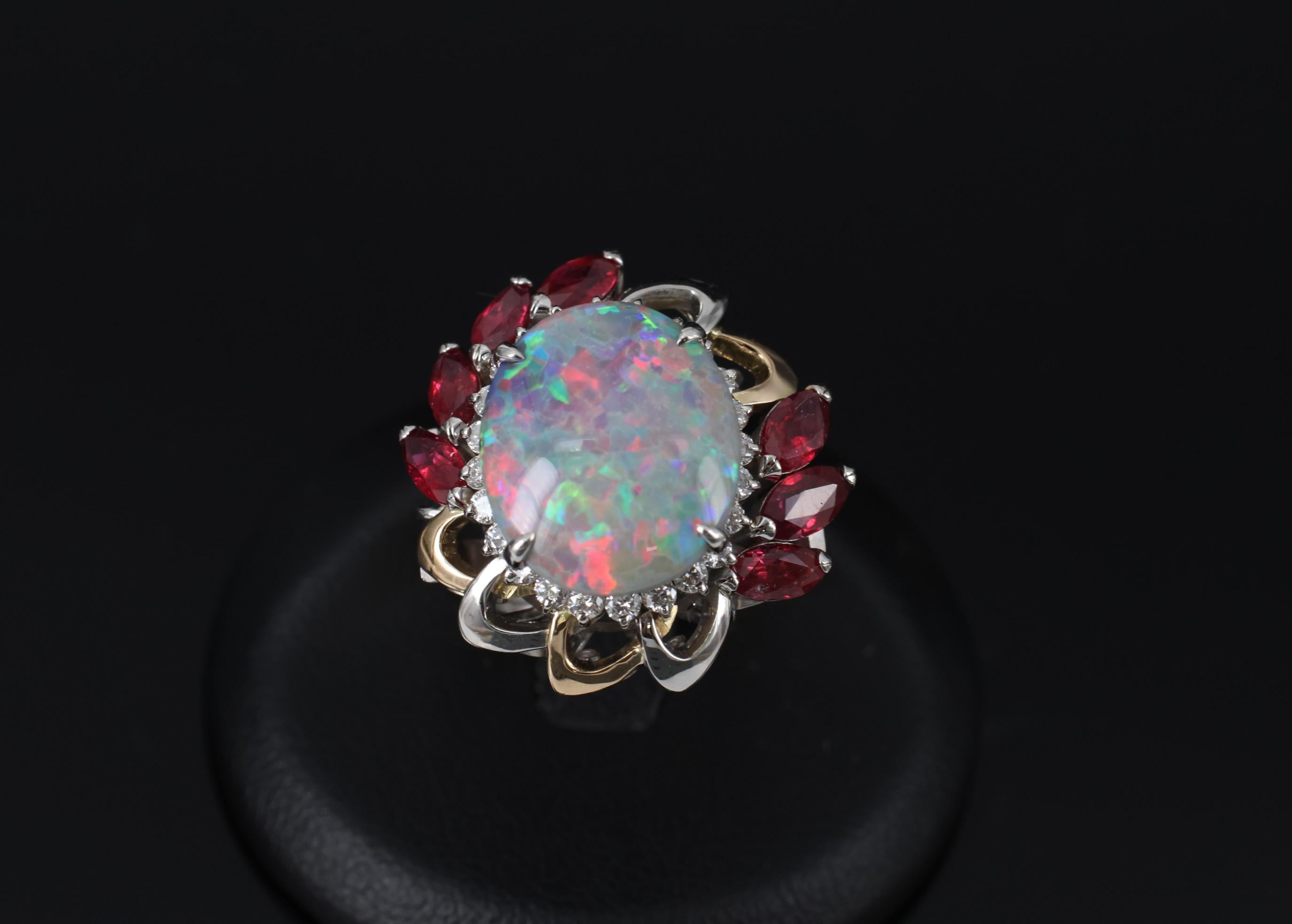 4.08ct Black Opal 2.08ct Ruby 0.46ct Diamond Platinum & 18K Gold Ring Size 6.75