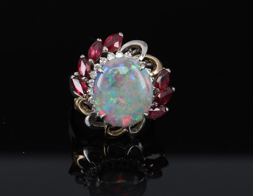 4.08ct Black Opal 2.08ct Ruby 0.46ct Diamond Platinum & 18K Gold Ring Size 6.75
