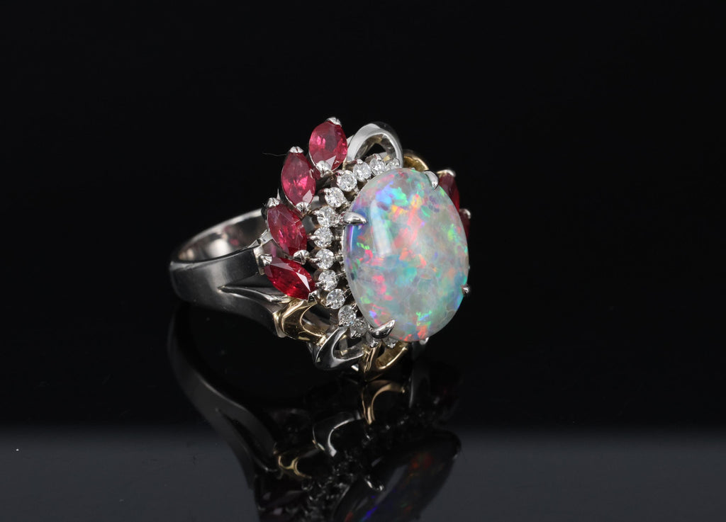 4.08ct Black Opal 2.08ct Ruby 0.46ct Diamond Platinum & 18K Gold Ring Size 6.75