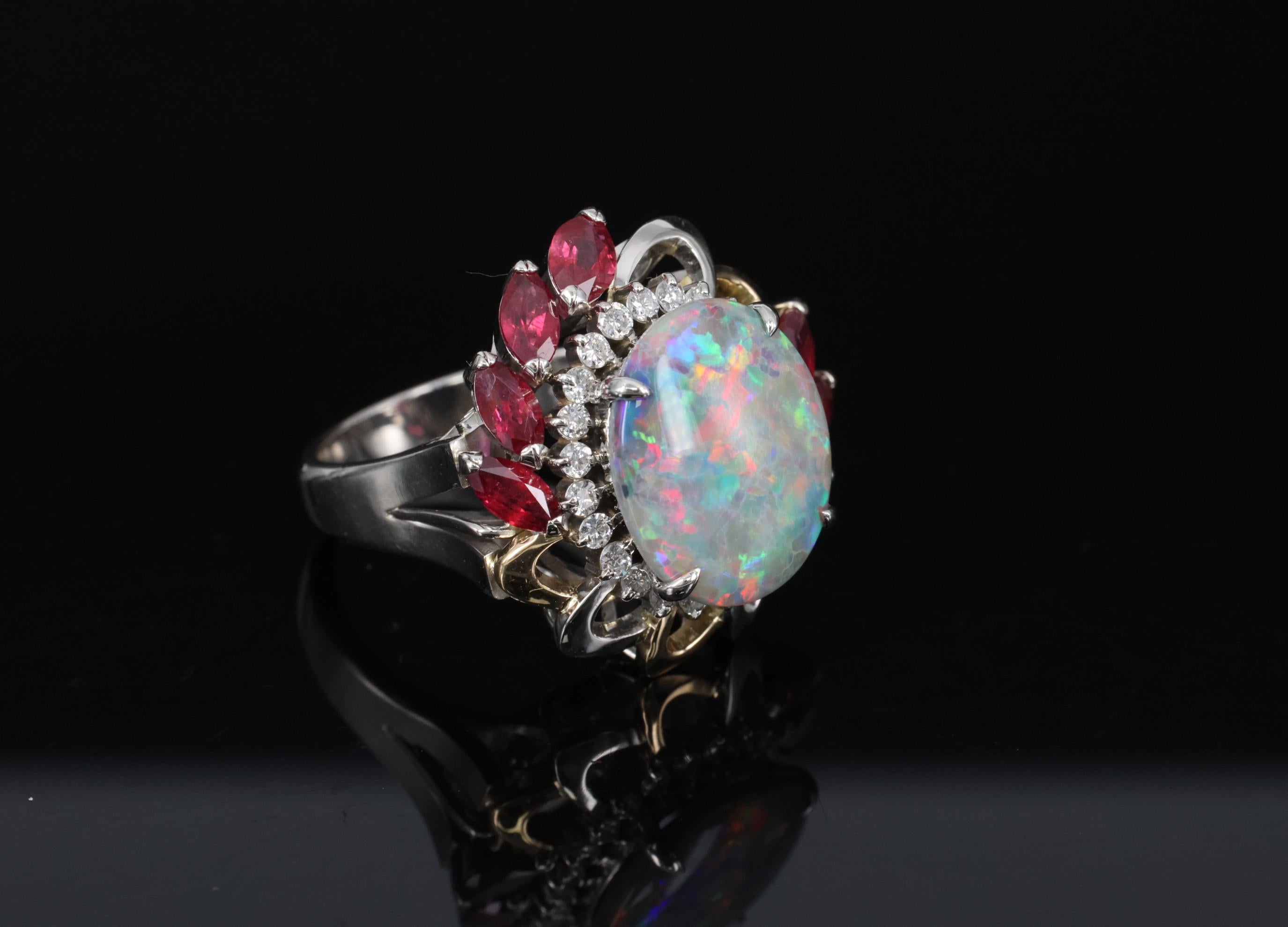 4.08ct Black Opal 2.08ct Ruby 0.46ct Diamond Platinum & 18K Gold Ring Size 6.75
