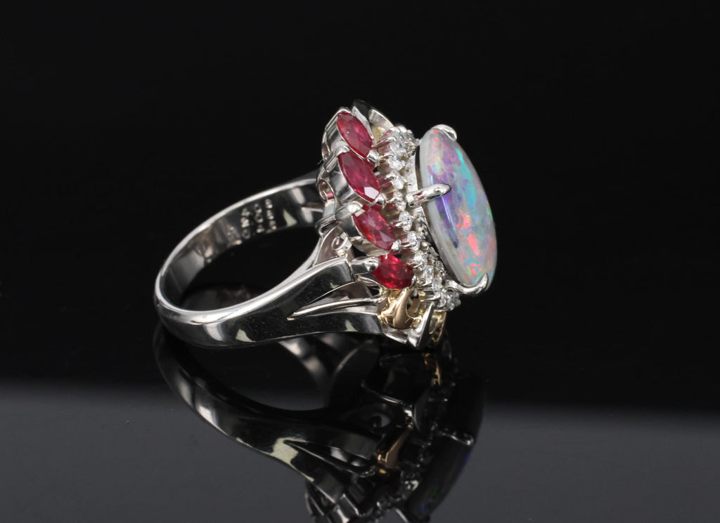 4.08ct Black Opal 2.08ct Ruby 0.46ct Diamond Platinum & 18K Gold Ring Size 6.75