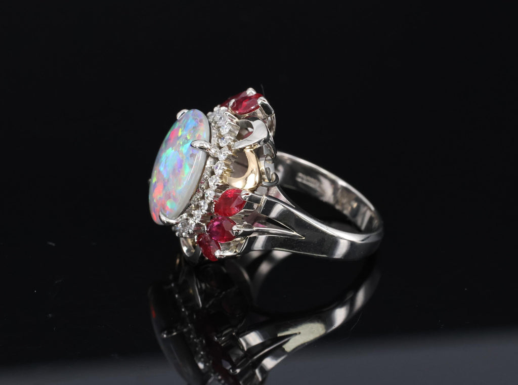 4.08ct Black Opal 2.08ct Ruby 0.46ct Diamond Platinum & 18K Gold Ring Size 6.75