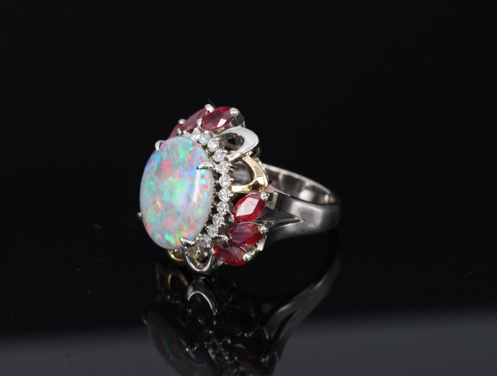 4.08ct Black Opal 2.08ct Ruby 0.46ct Diamond Platinum & 18K Gold Ring Size 6.75