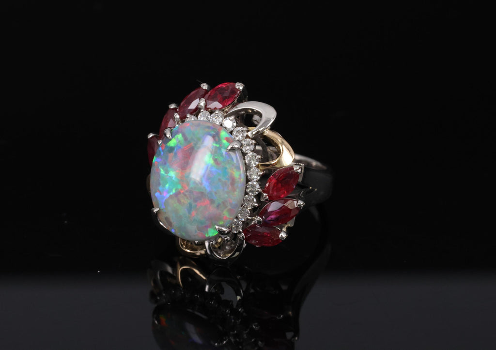 4.08ct Black Opal 2.08ct Ruby 0.46ct Diamond Platinum & 18K Gold Ring Size 6.75