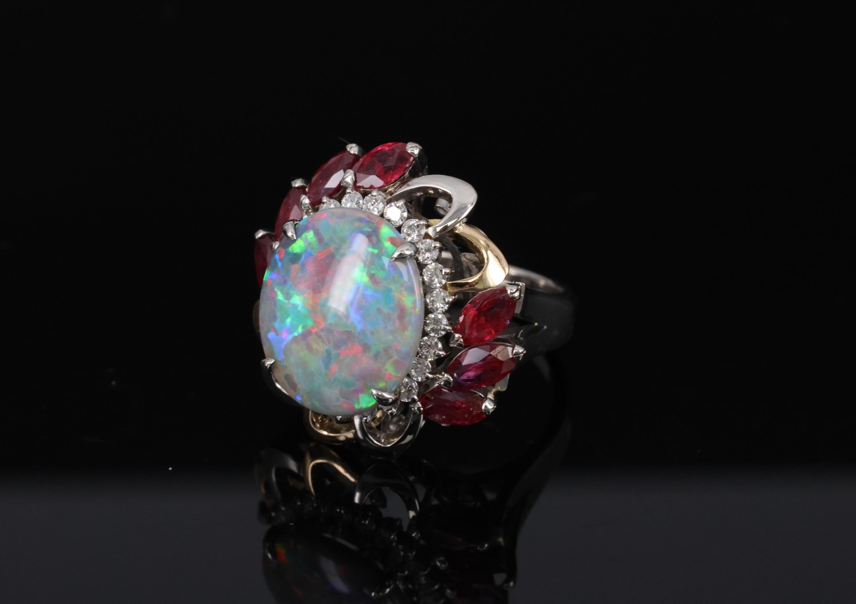 4.08ct Black Opal 2.08ct Ruby 0.46ct Diamond Platinum & 18K Gold Ring Size 6.75