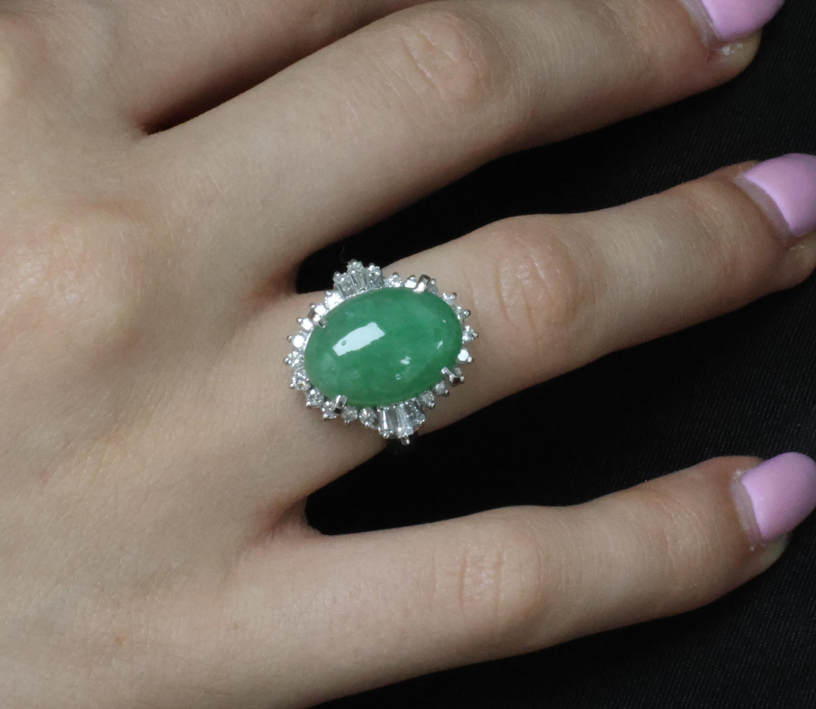 9.29ct Natural Apple Green Jadeite Jade & 0.69ct Diamond Platinum Ring Size 5.75