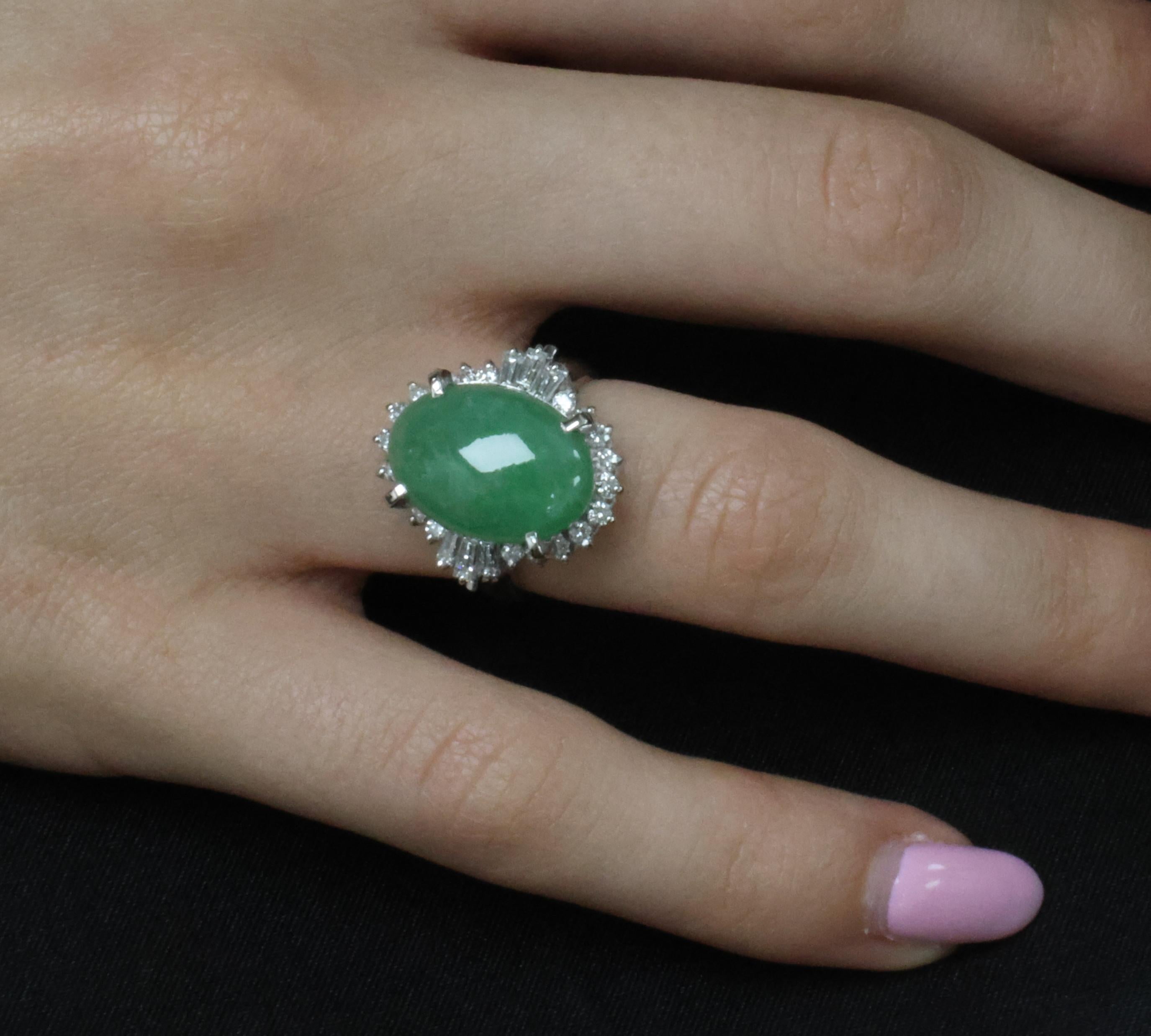 9.29ct Natural Apple Green Jadeite Jade & 0.69ct Diamond Platinum Ring Size 5.75