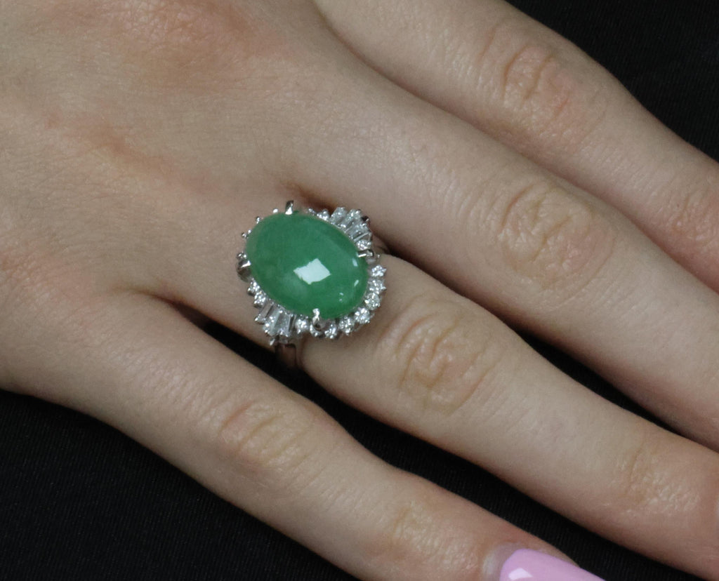 9.29ct Natural Apple Green Jadeite Jade & 0.69ct Diamond Platinum Ring Size 5.75