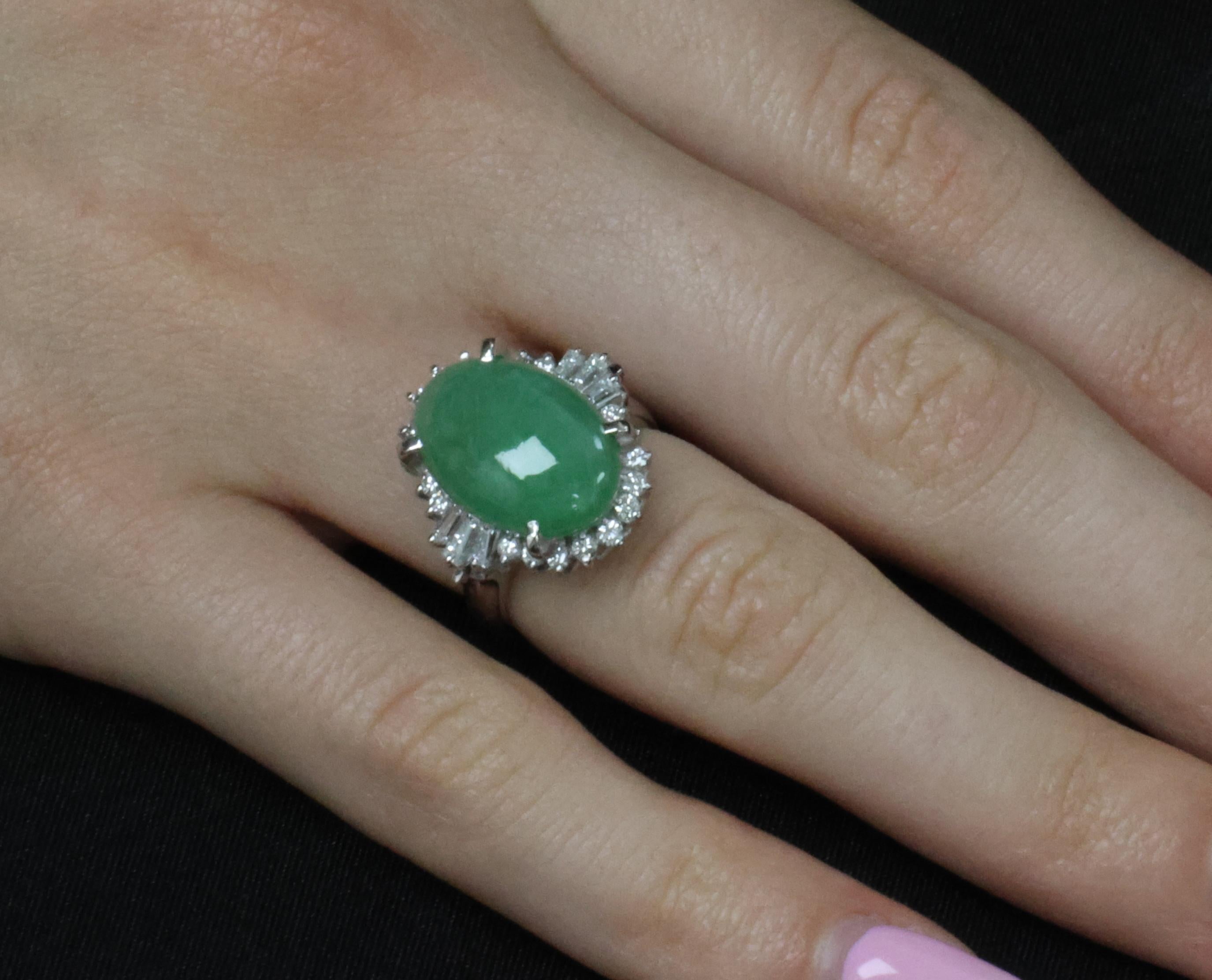9.29ct Natural Apple Green Jadeite Jade & 0.69ct Diamond Platinum Ring Size 5.75