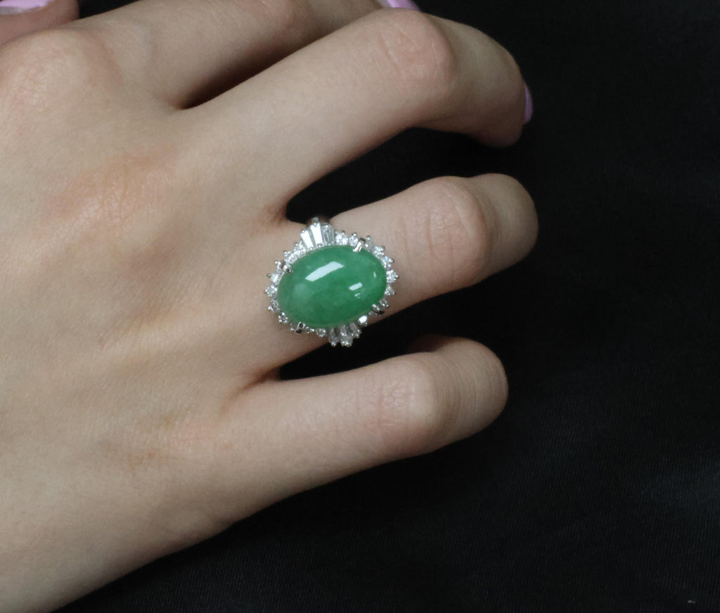 9.29ct Natural Apple Green Jadeite Jade & 0.69ct Diamond Platinum Ring Size 5.75