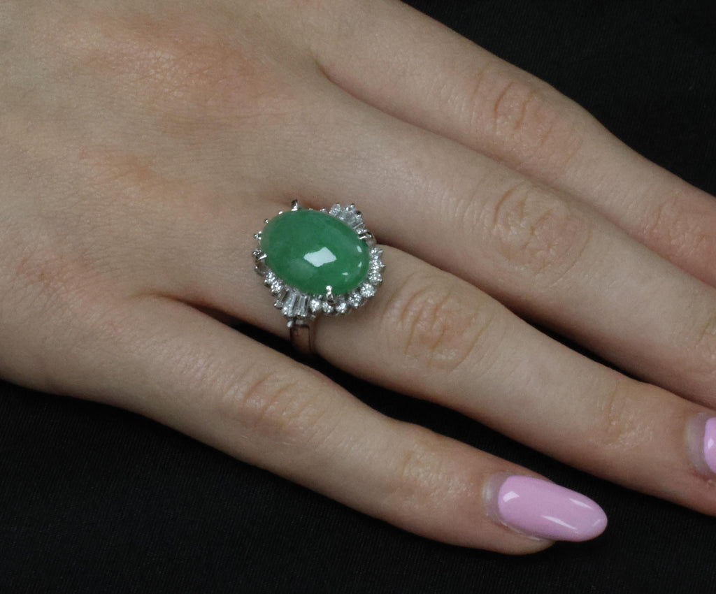 9.29ct Natural Apple Green Jadeite Jade & 0.69ct Diamond Platinum Ring Size 5.75