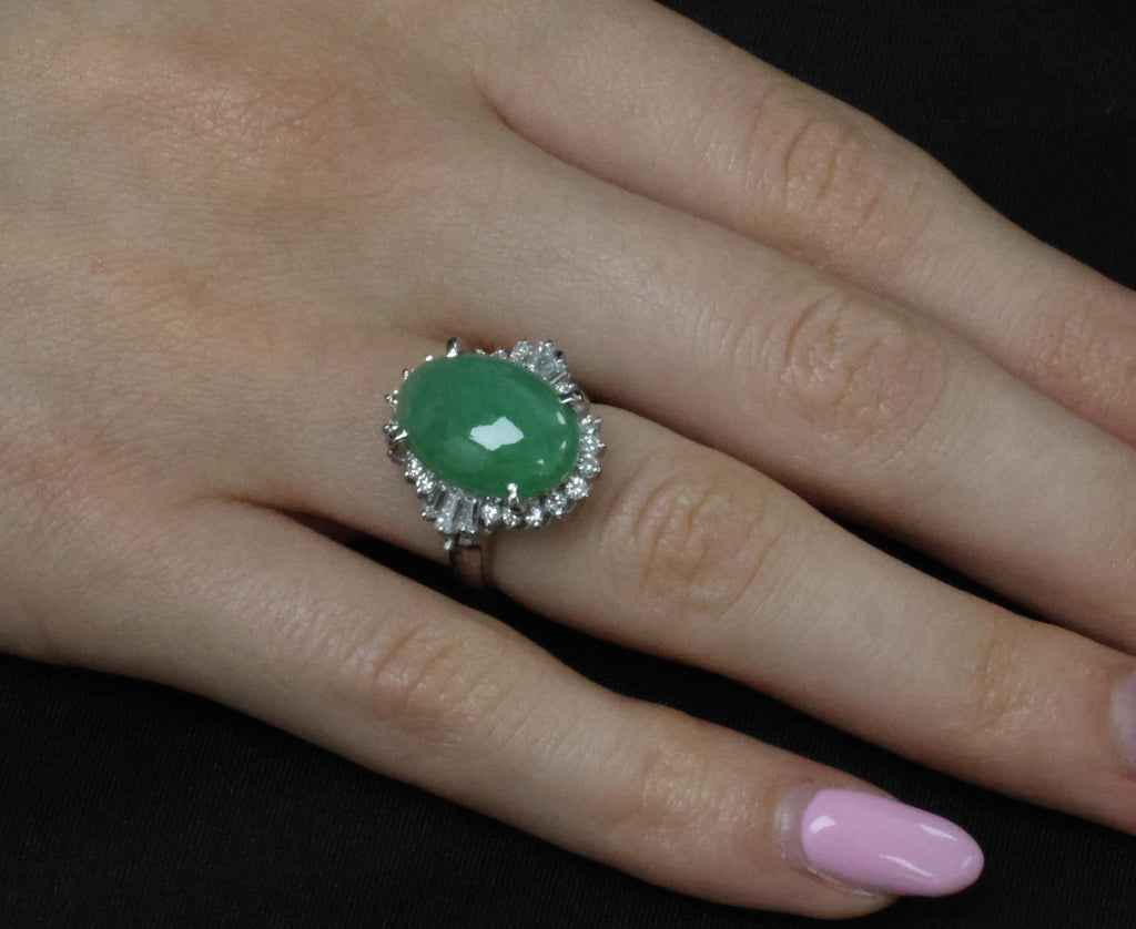 9.29ct Natural Apple Green Jadeite Jade & 0.69ct Diamond Platinum Ring Size 5.75