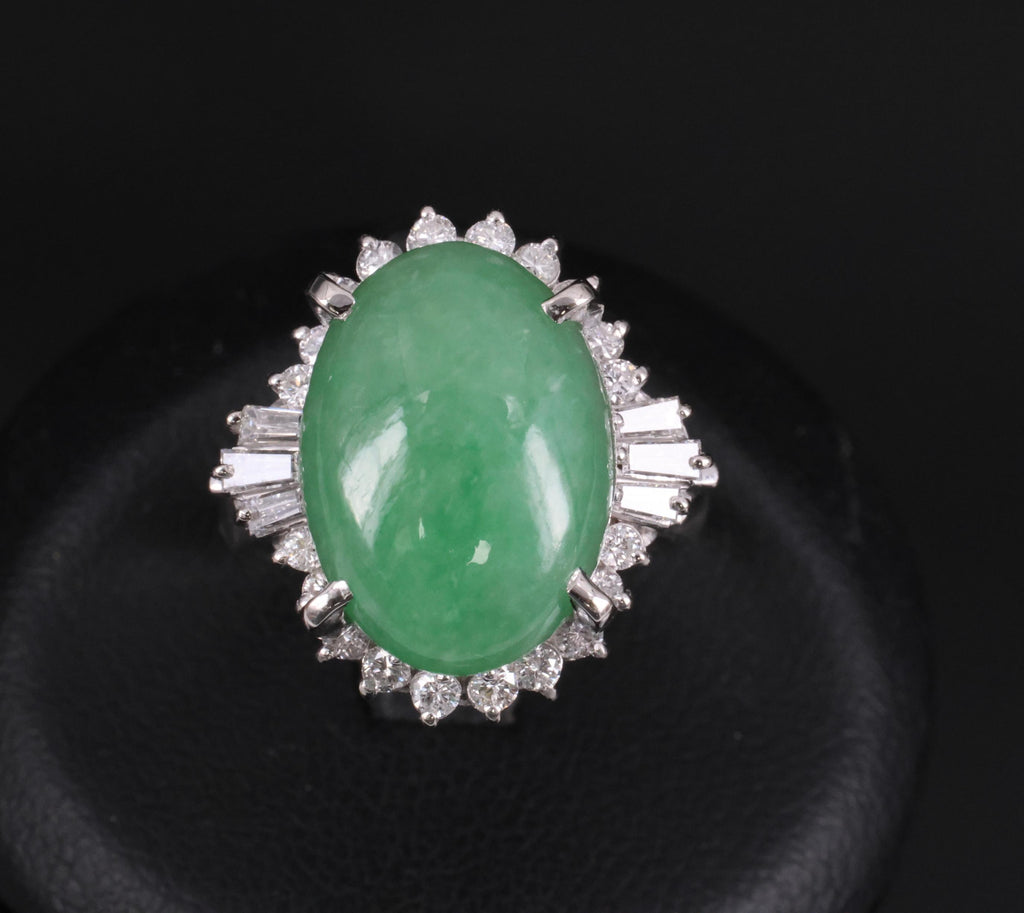 9.29ct Natural Apple Green Jadeite Jade & 0.69ct Diamond Platinum Ring Size 5.75