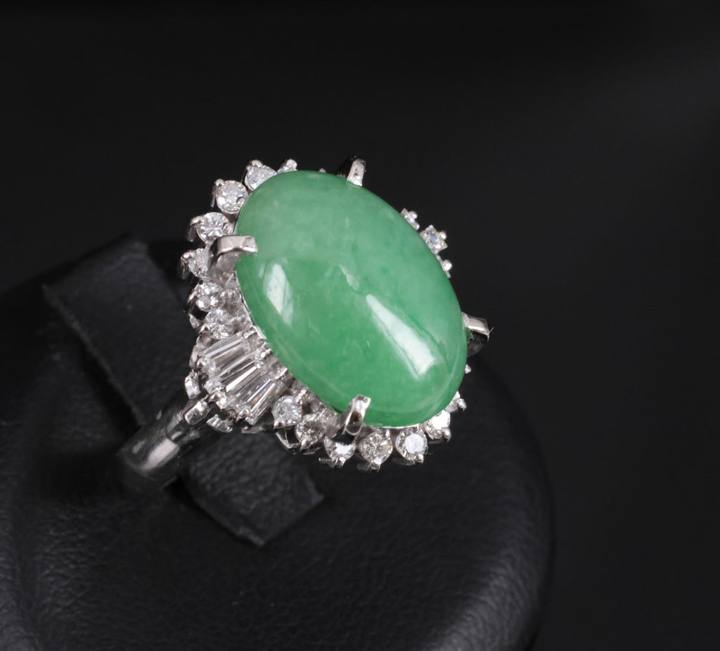 9.29ct Natural Apple Green Jadeite Jade & 0.69ct Diamond Platinum Ring Size 5.75