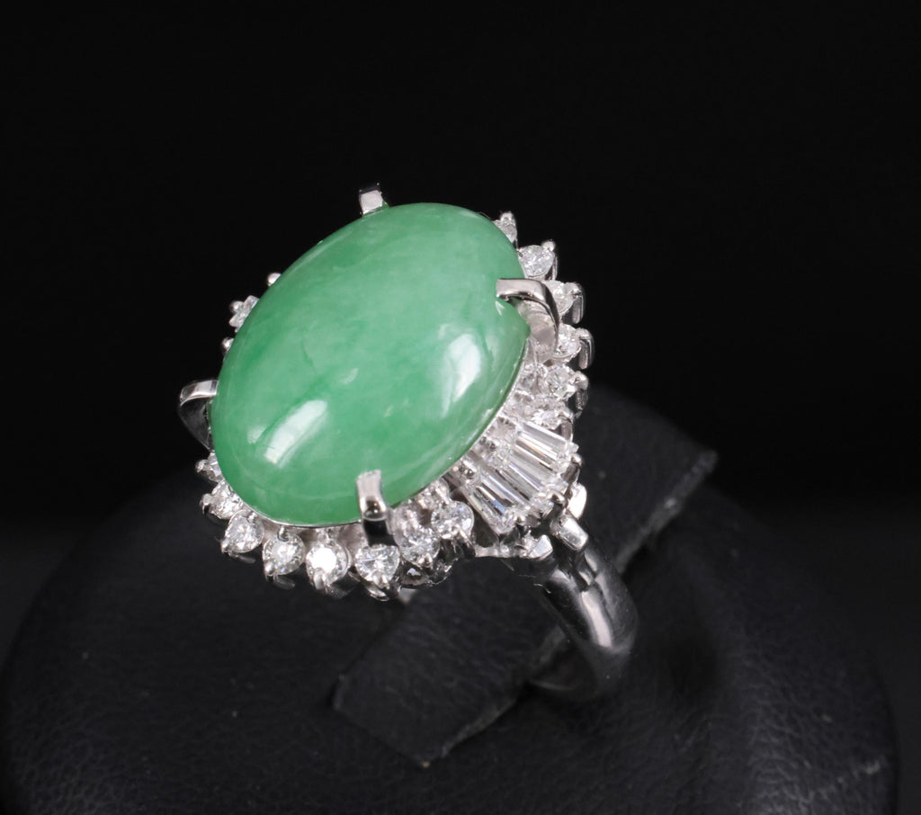 9.29ct Natural Apple Green Jadeite Jade & 0.69ct Diamond Platinum Ring Size 5.75
