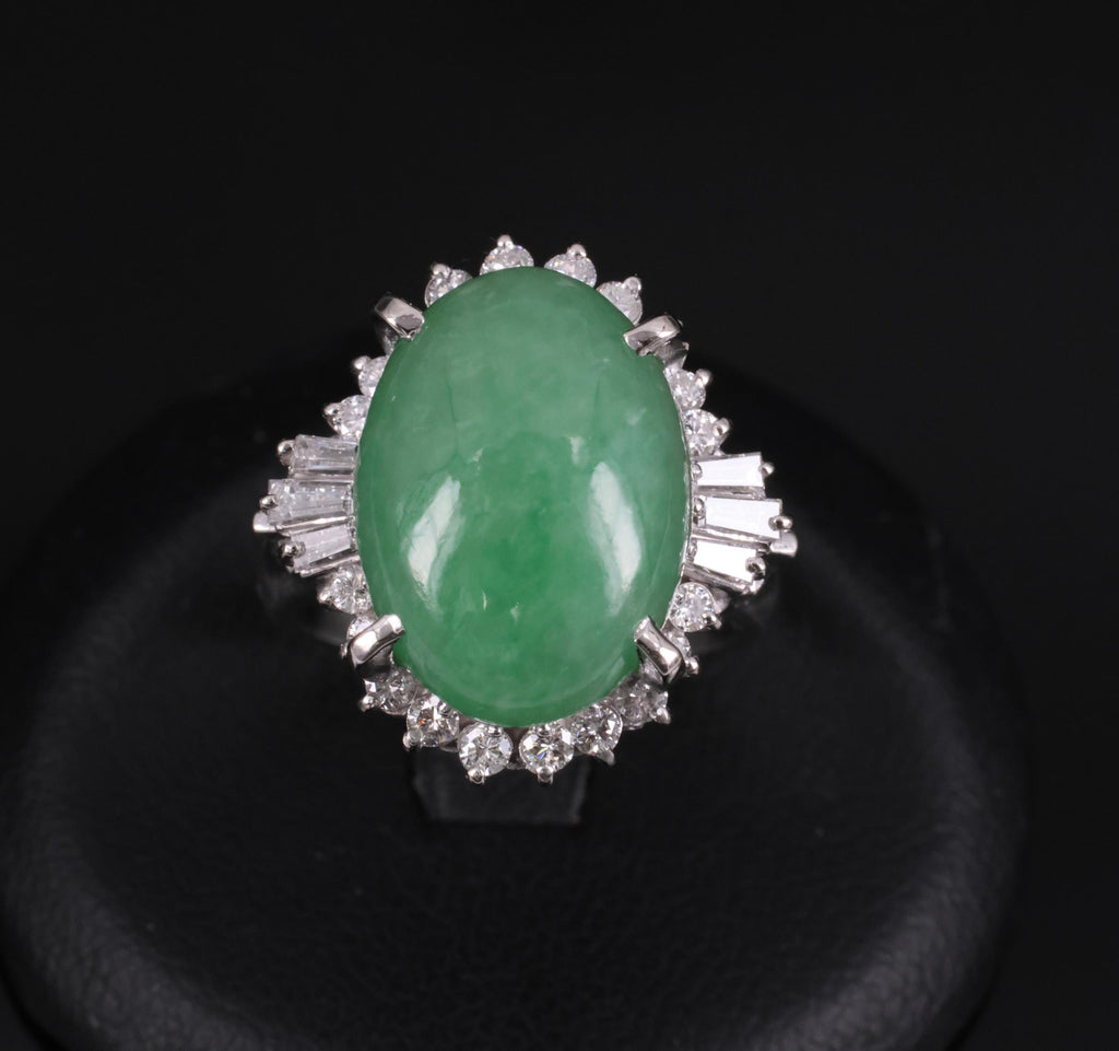 9.29ct Natural Apple Green Jadeite Jade & 0.69ct Diamond Platinum Ring Size 5.75