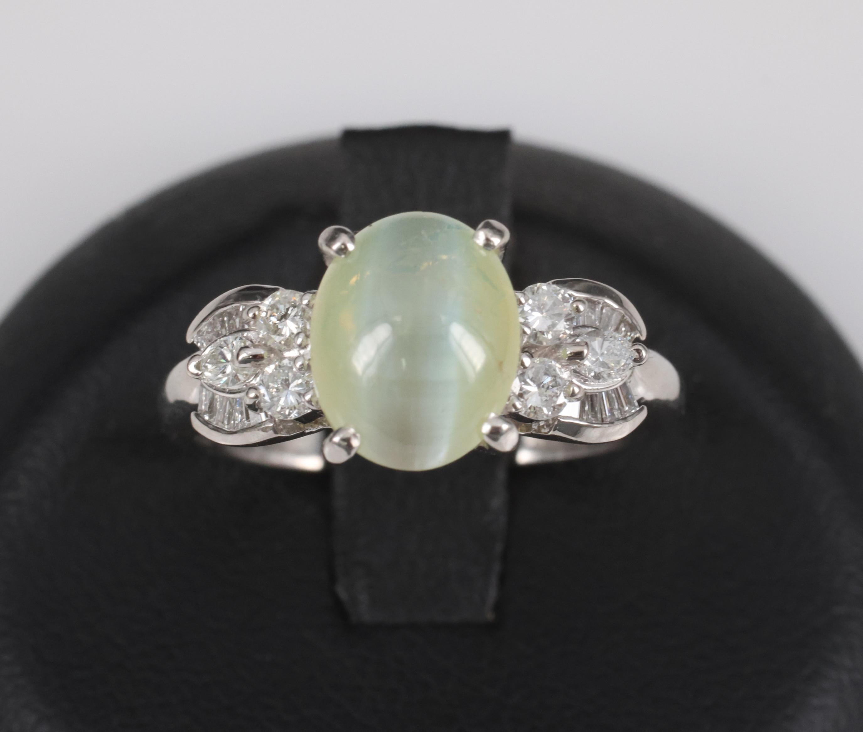 Fine 3.04ct Green Chrysoberyl Cat's Eye & 0.48ct Diamond Platinum Ring, Size 7