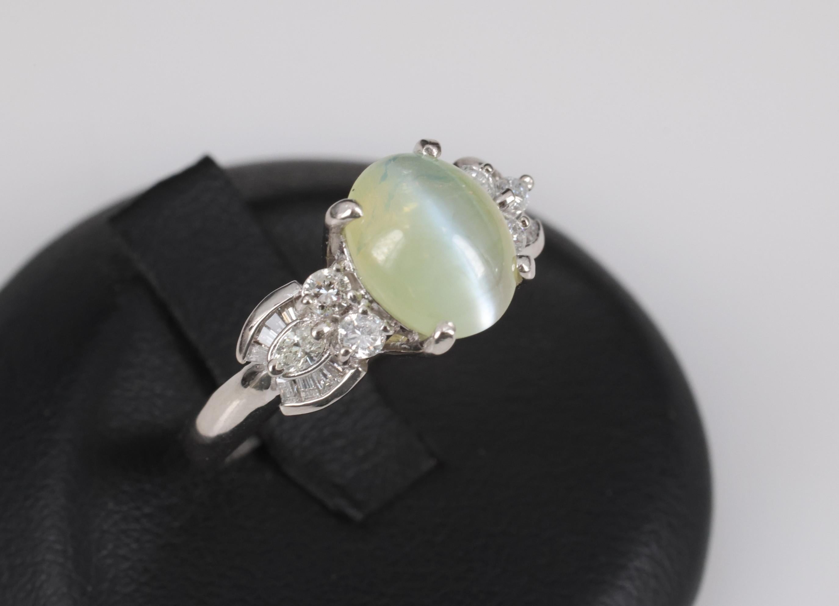Fine 3.04ct Green Chrysoberyl Cat's Eye & 0.48ct Diamond Platinum Ring, Size 7