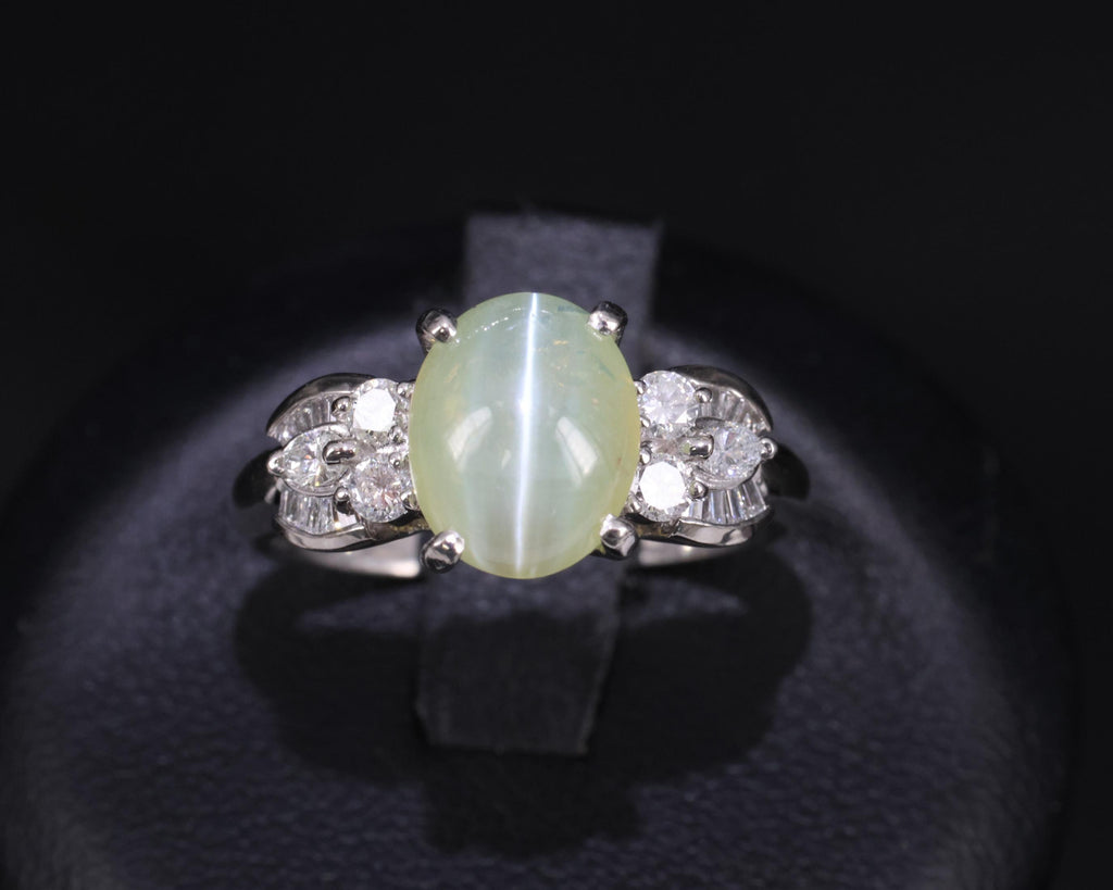 Fine 3.04ct Green Chrysoberyl Cat's Eye & 0.48ct Diamond Platinum Ring, Size 7