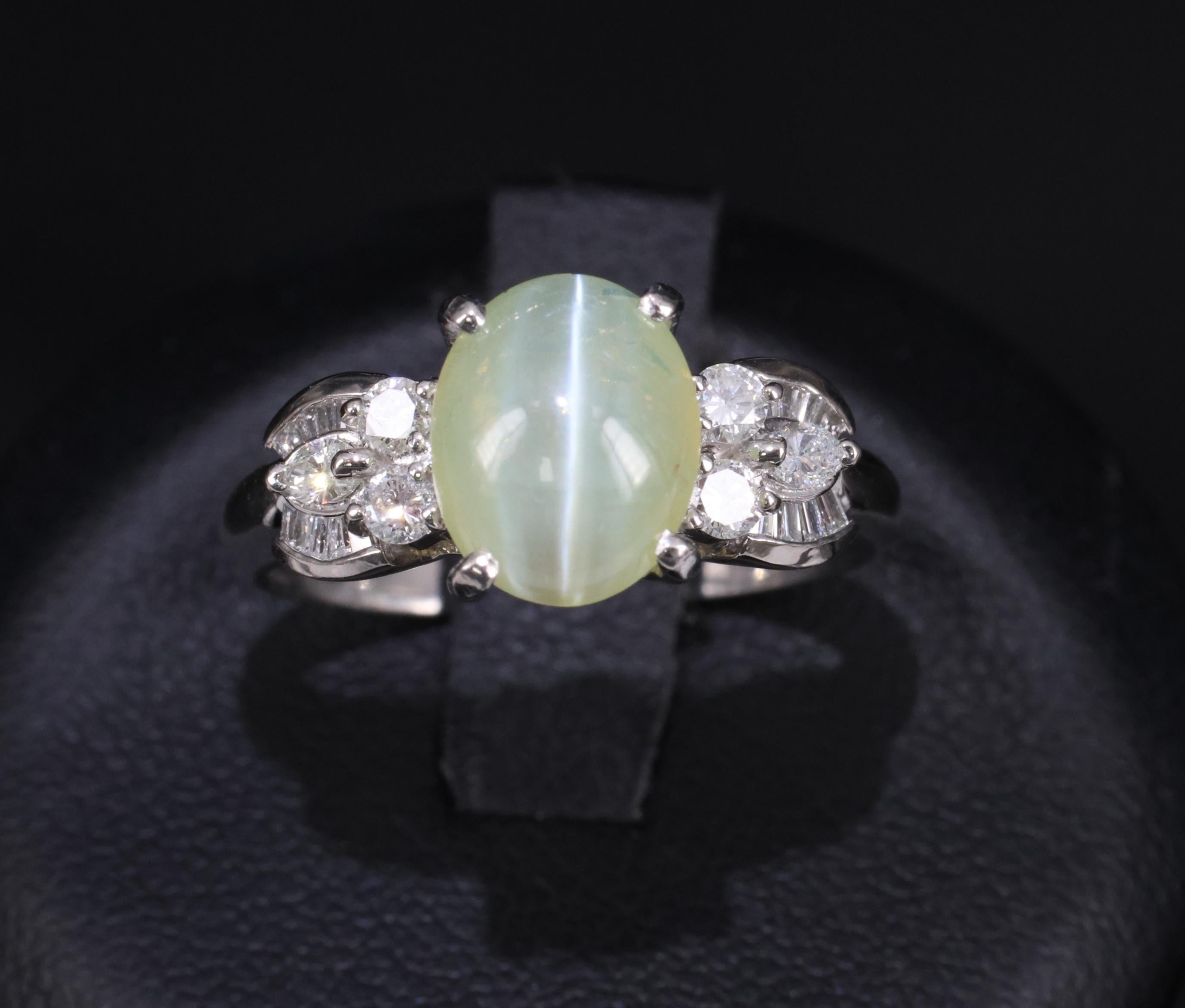 Fine 3.04ct Green Chrysoberyl Cat's Eye & 0.48ct Diamond Platinum Ring, Size 7