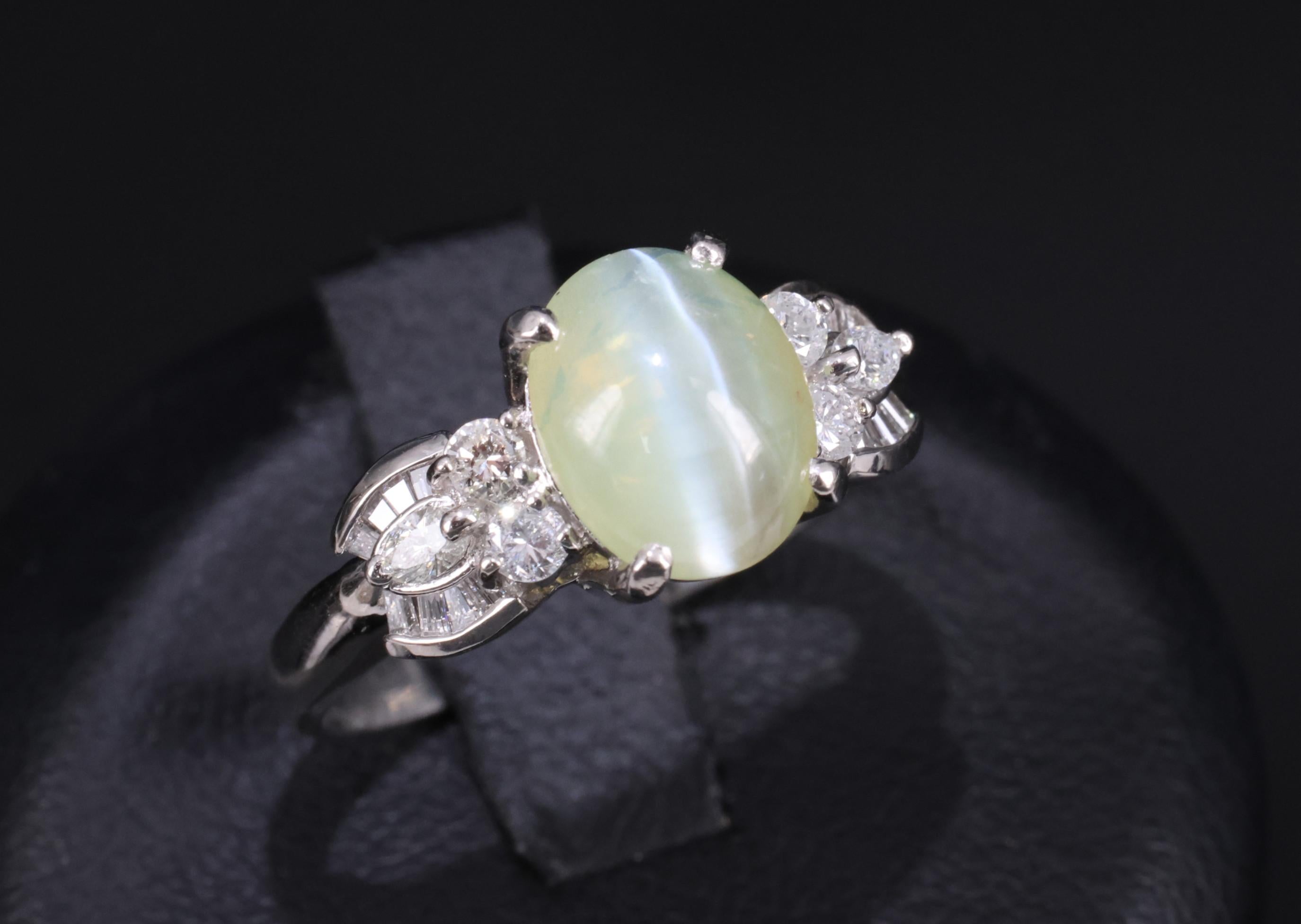 Fine 3.04ct Green Chrysoberyl Cat's Eye & 0.48ct Diamond Platinum Ring, Size 7