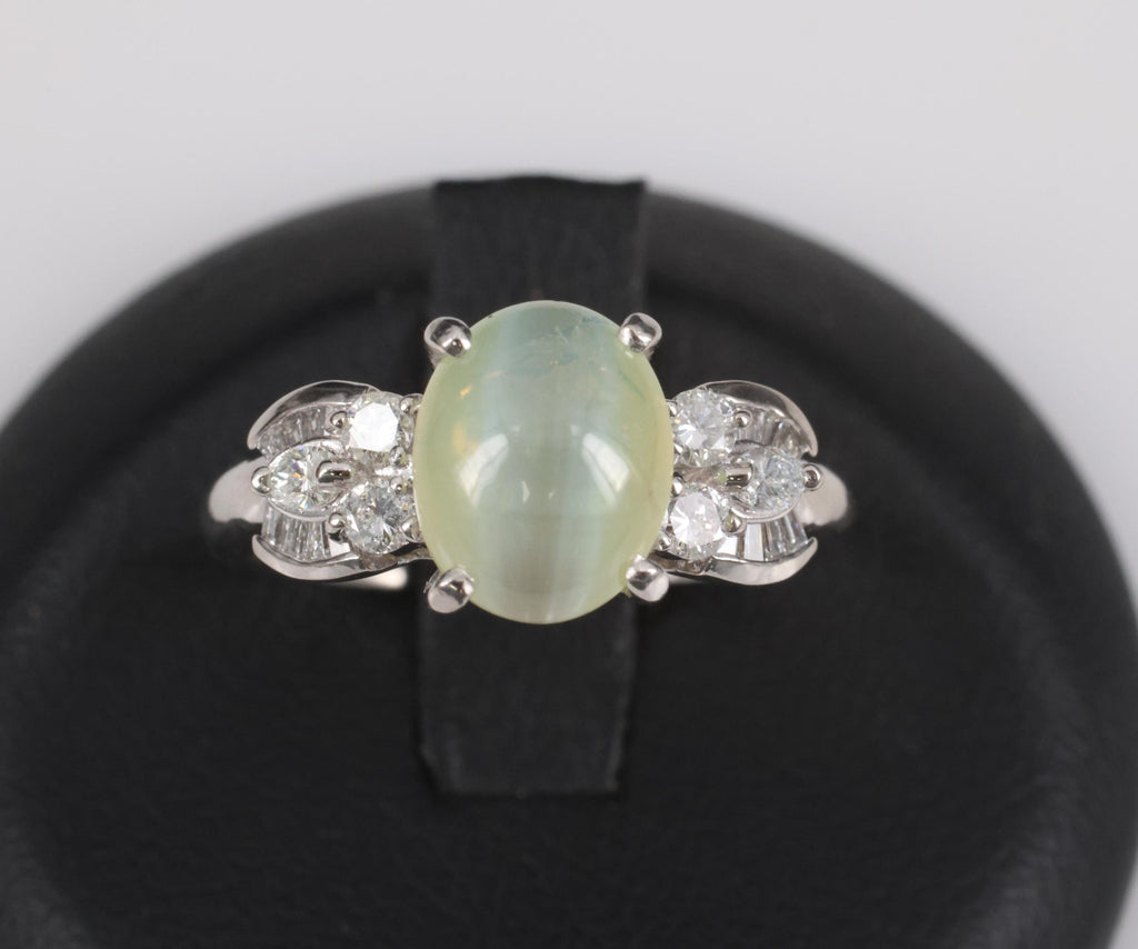 Fine 3.04ct Green Chrysoberyl Cat's Eye & 0.48ct Diamond Platinum Ring, Size 7