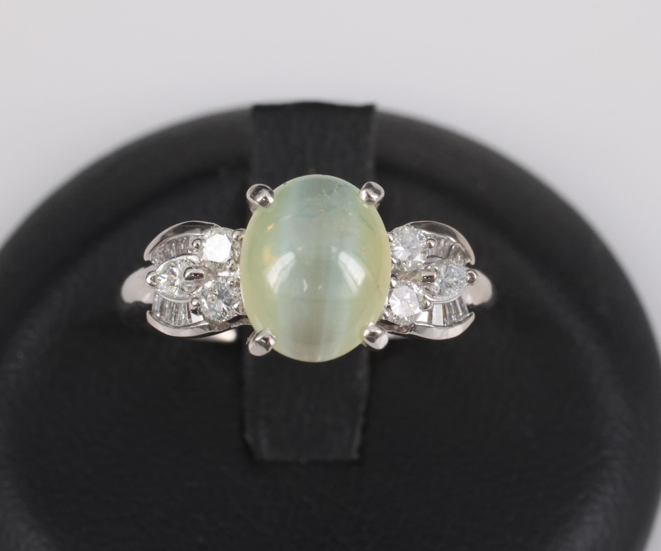 Fine 3.04ct Green Chrysoberyl Cat's Eye & 0.48ct Diamond Platinum Ring, Size 7