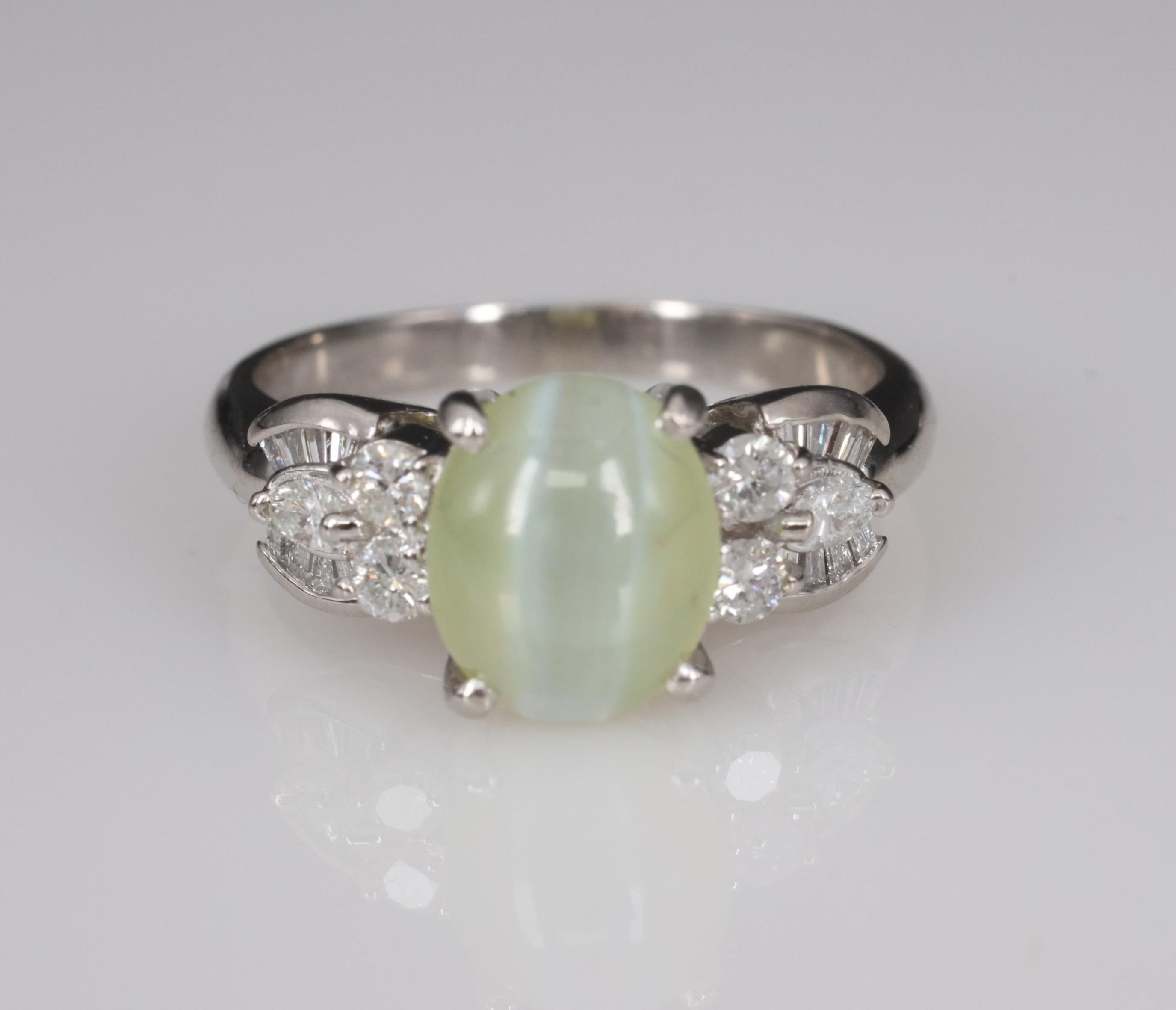 Fine 3.04ct Green Chrysoberyl Cat's Eye & 0.48ct Diamond Platinum Ring, Size 7