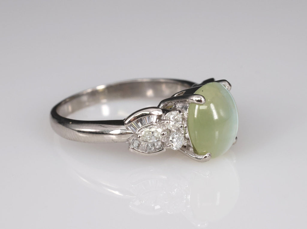 Fine 3.04ct Green Chrysoberyl Cat's Eye & 0.48ct Diamond Platinum Ring, Size 7