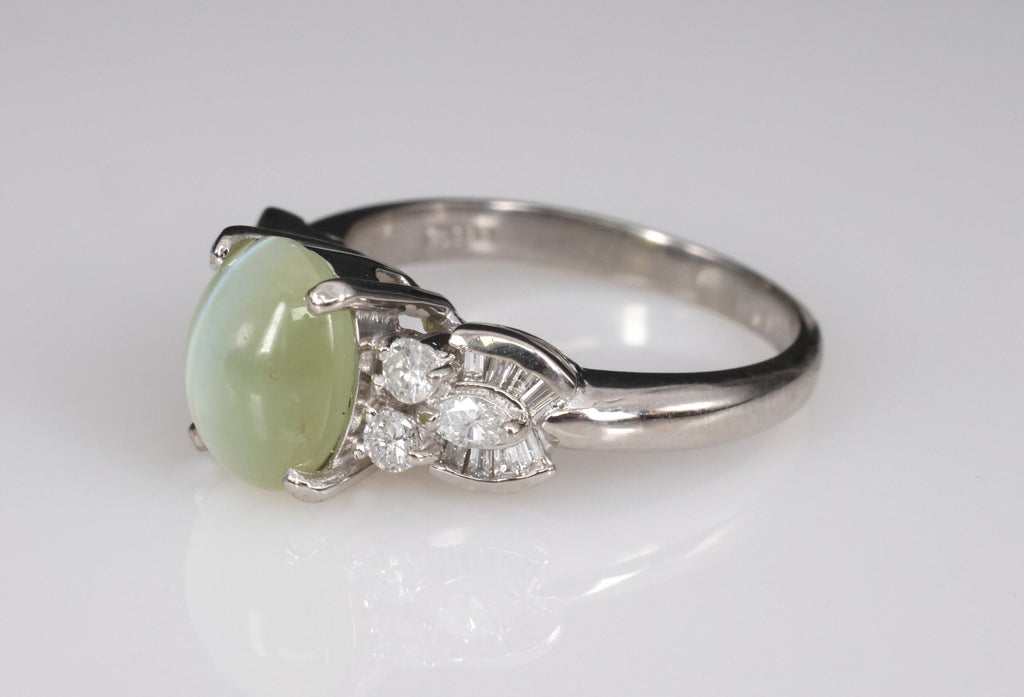 Fine 3.04ct Green Chrysoberyl Cat's Eye & 0.48ct Diamond Platinum Ring, Size 7