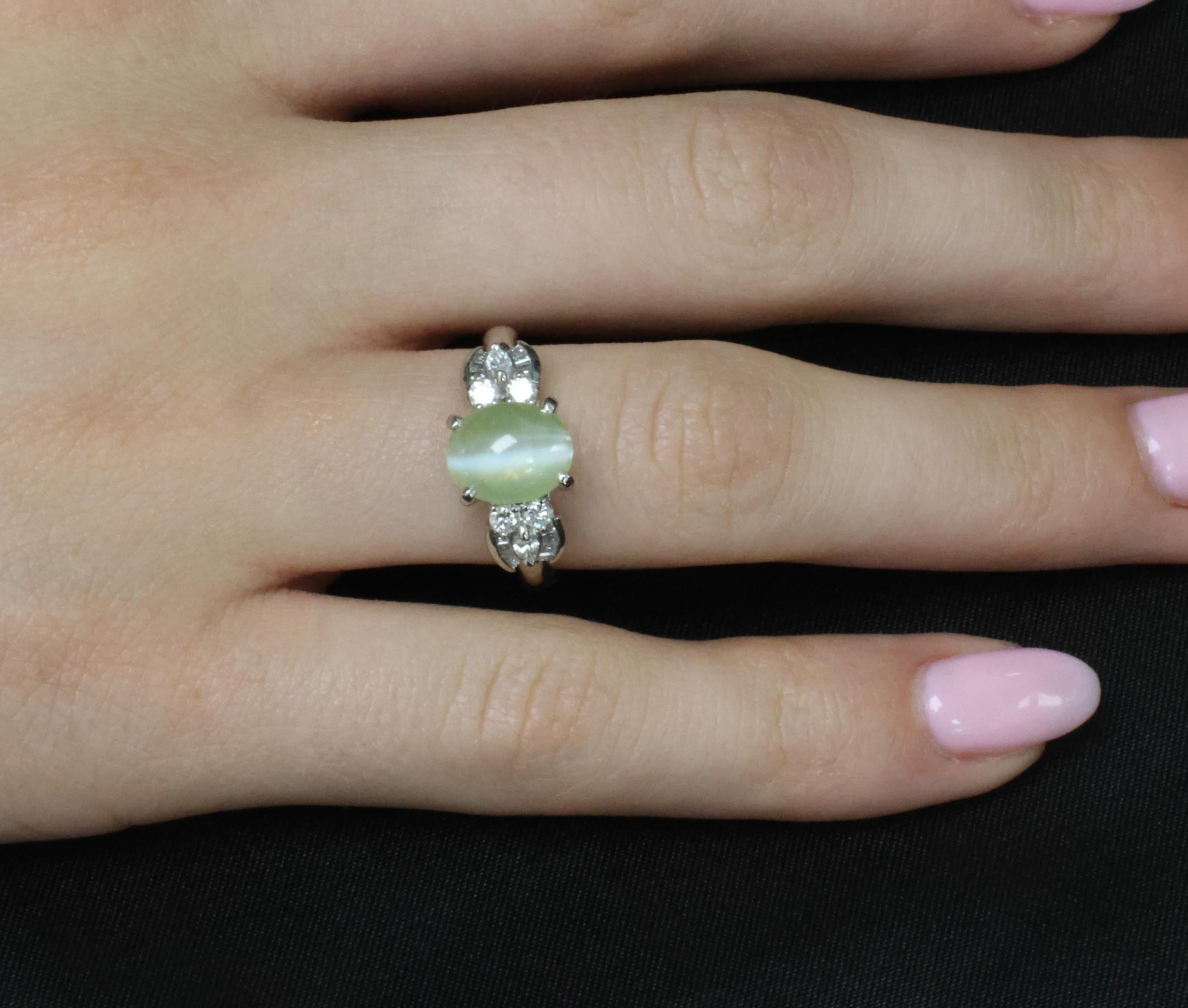Fine 3.04ct Green Chrysoberyl Cat's Eye & 0.48ct Diamond Platinum Ring, Size 7