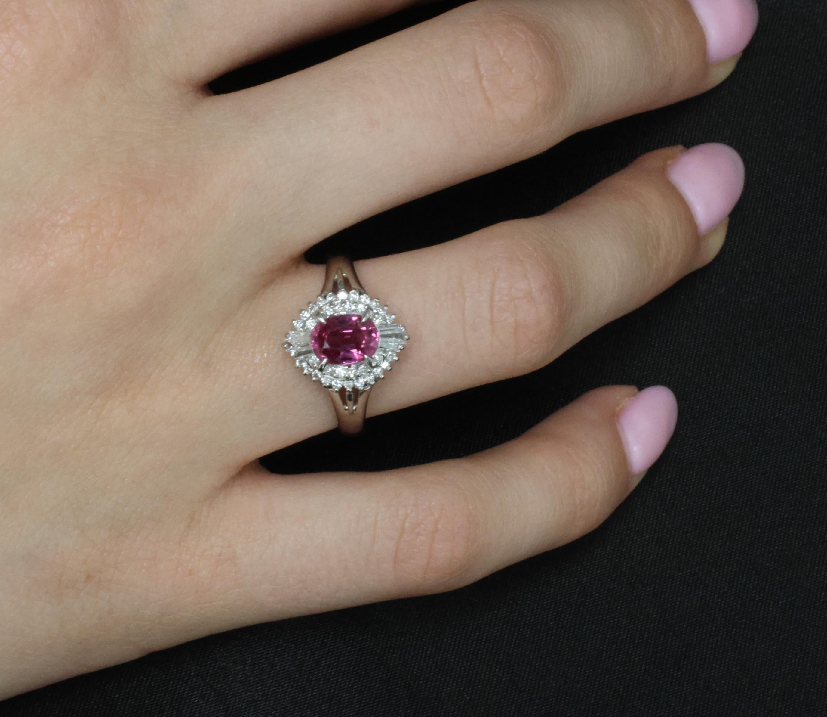Rare 1.31ct GIA Thai Pink Sapphire & 0.35ct Diamond Halo Platinum Ring Size 7.5
