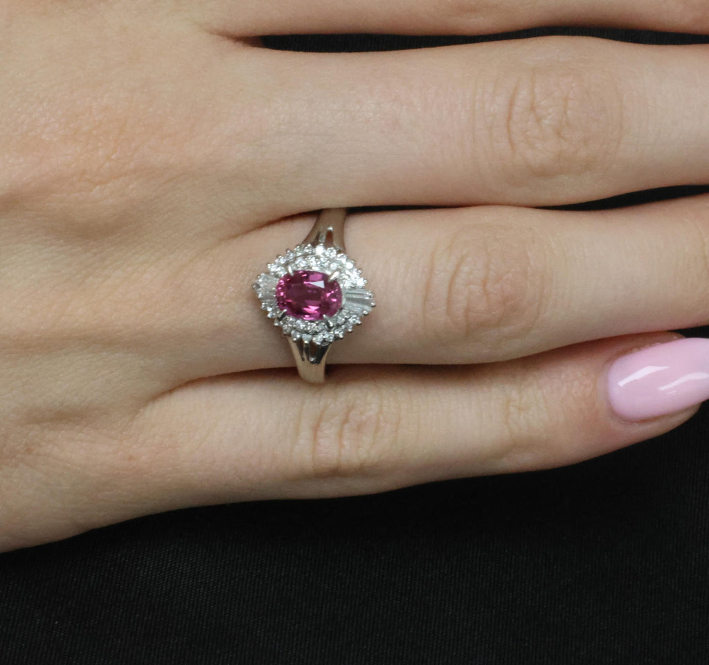 Rare 1.31ct GIA Thai Pink Sapphire & 0.35ct Diamond Halo Platinum Ring Size 7.5